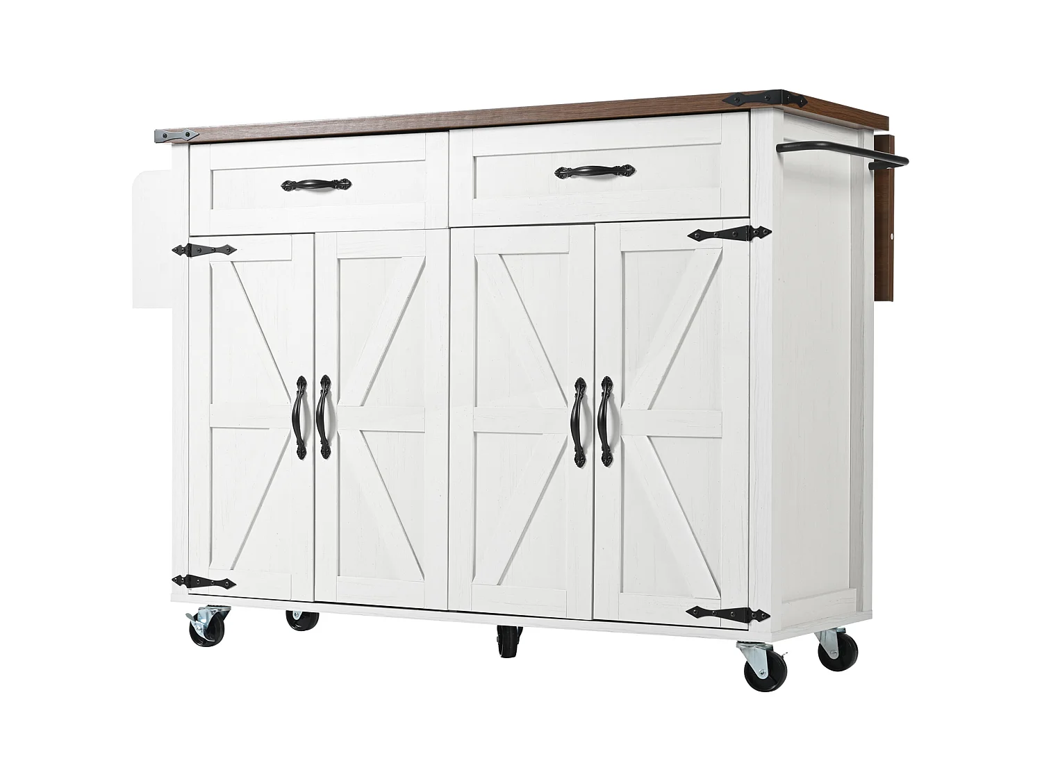Îlot de cuisine avec plan de travail extensible, chariot de service avec 4 portes et 2 tiroirs, MDF beige et bois (140x45x92.5 cm)