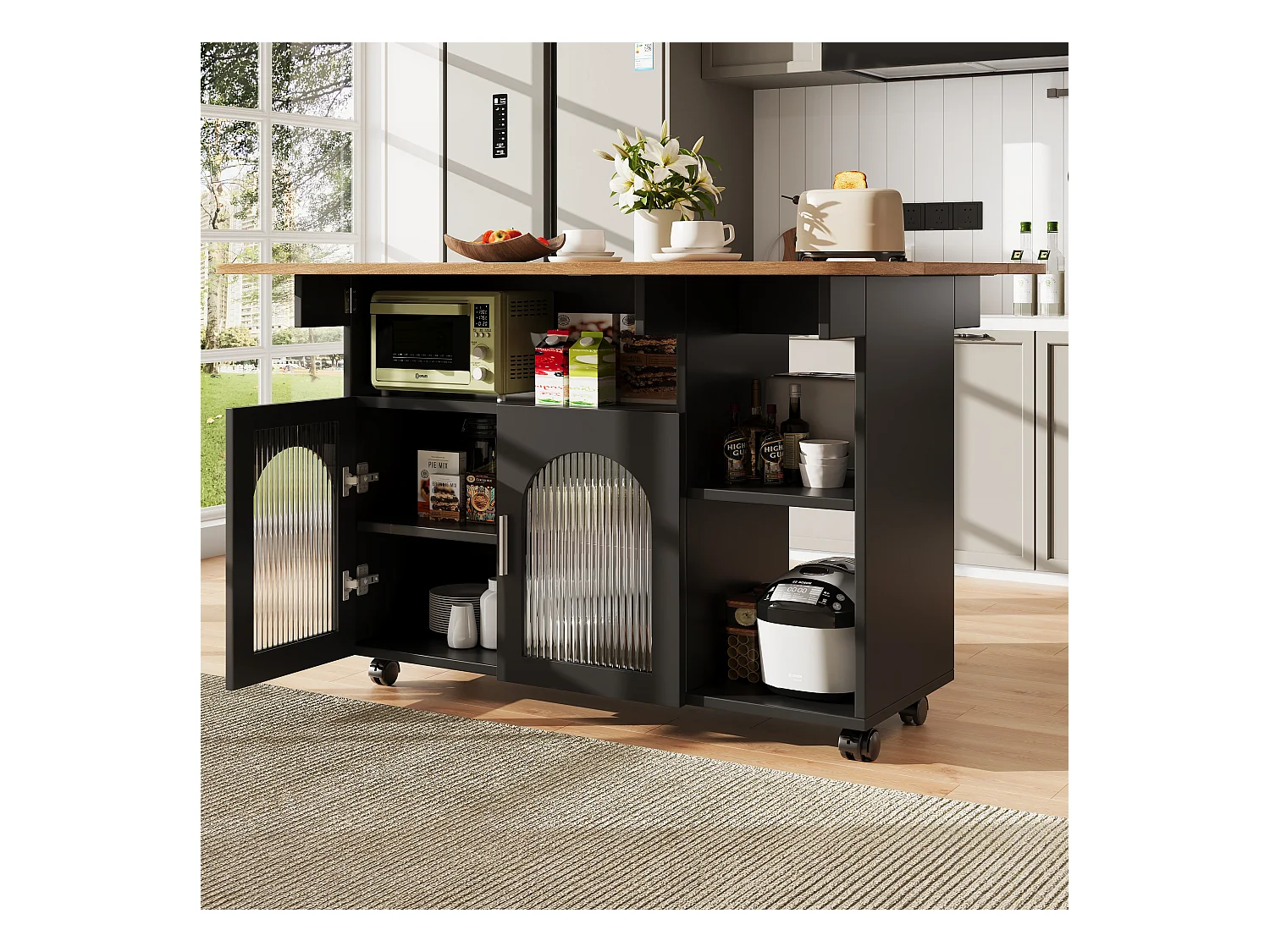 Isola cucina moderna con ripiani pieghevoli, contenitore multifunzionale, MDF, legno nero e naturale (120x30x90 cm)