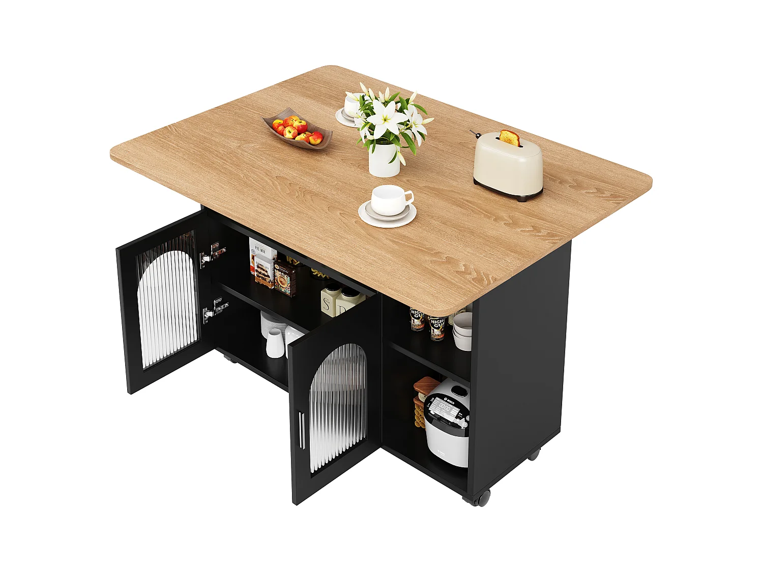 Isola cucina moderna con ripiani pieghevoli, contenitore multifunzionale, MDF, legno nero e naturale (120x30x90 cm)