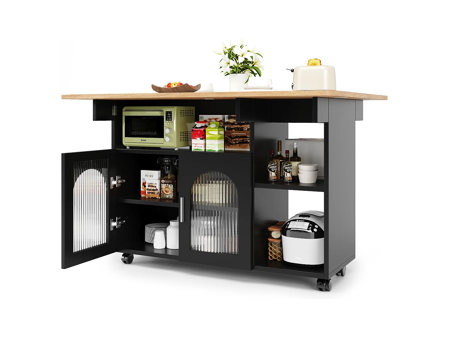 Isola cucina moderna con ripiani pieghevoli, contenitore multifunzionale, MDF, legno nero e naturale (120x30x90 cm)