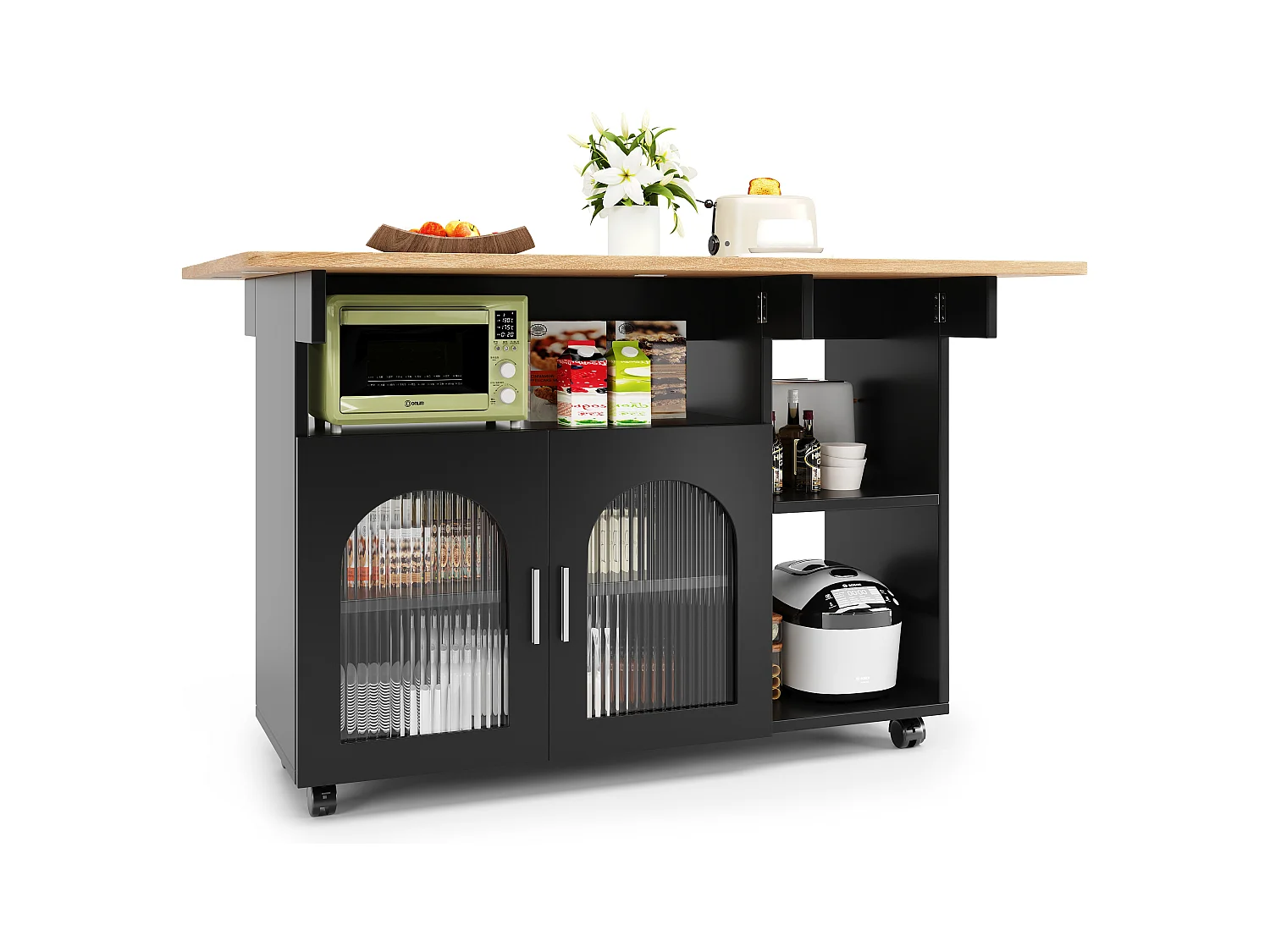 Isola cucina moderna con ripiani pieghevoli, contenitore multifunzionale, MDF, legno nero e naturale (120x30x90 cm)
