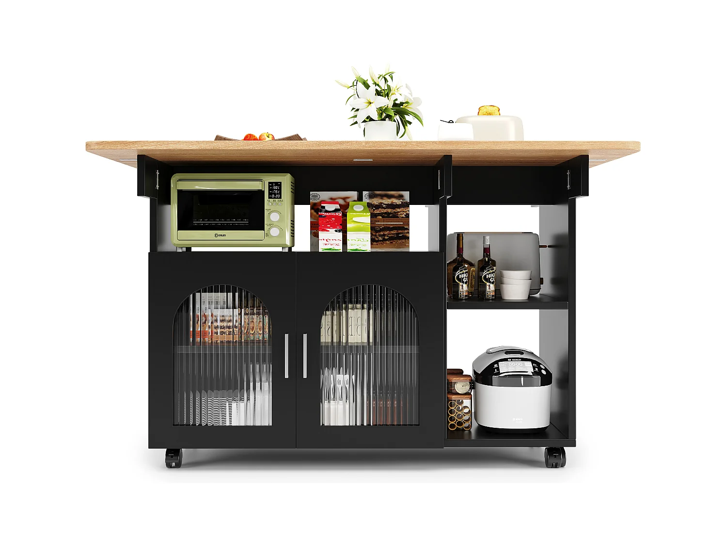 Isola cucina moderna con ripiani pieghevoli, contenitore multifunzionale, MDF, legno nero e naturale (120x30x90 cm)
