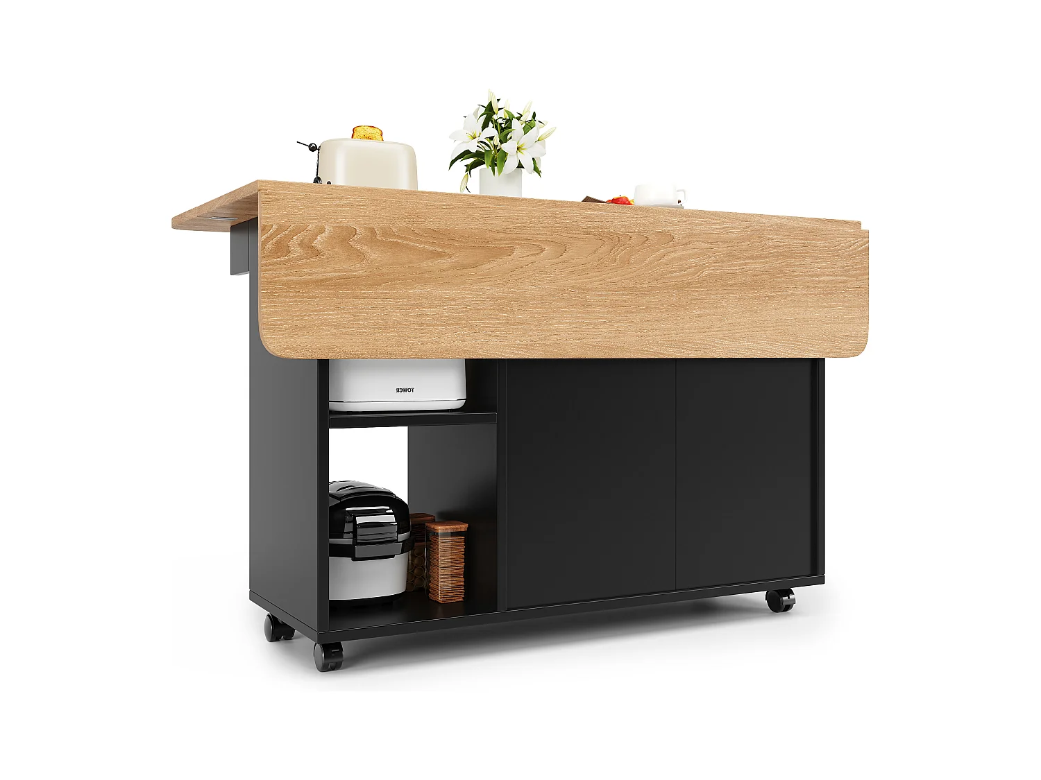 Isola cucina moderna con ripiani pieghevoli, contenitore multifunzionale, MDF, legno nero e naturale (120x30x90 cm)