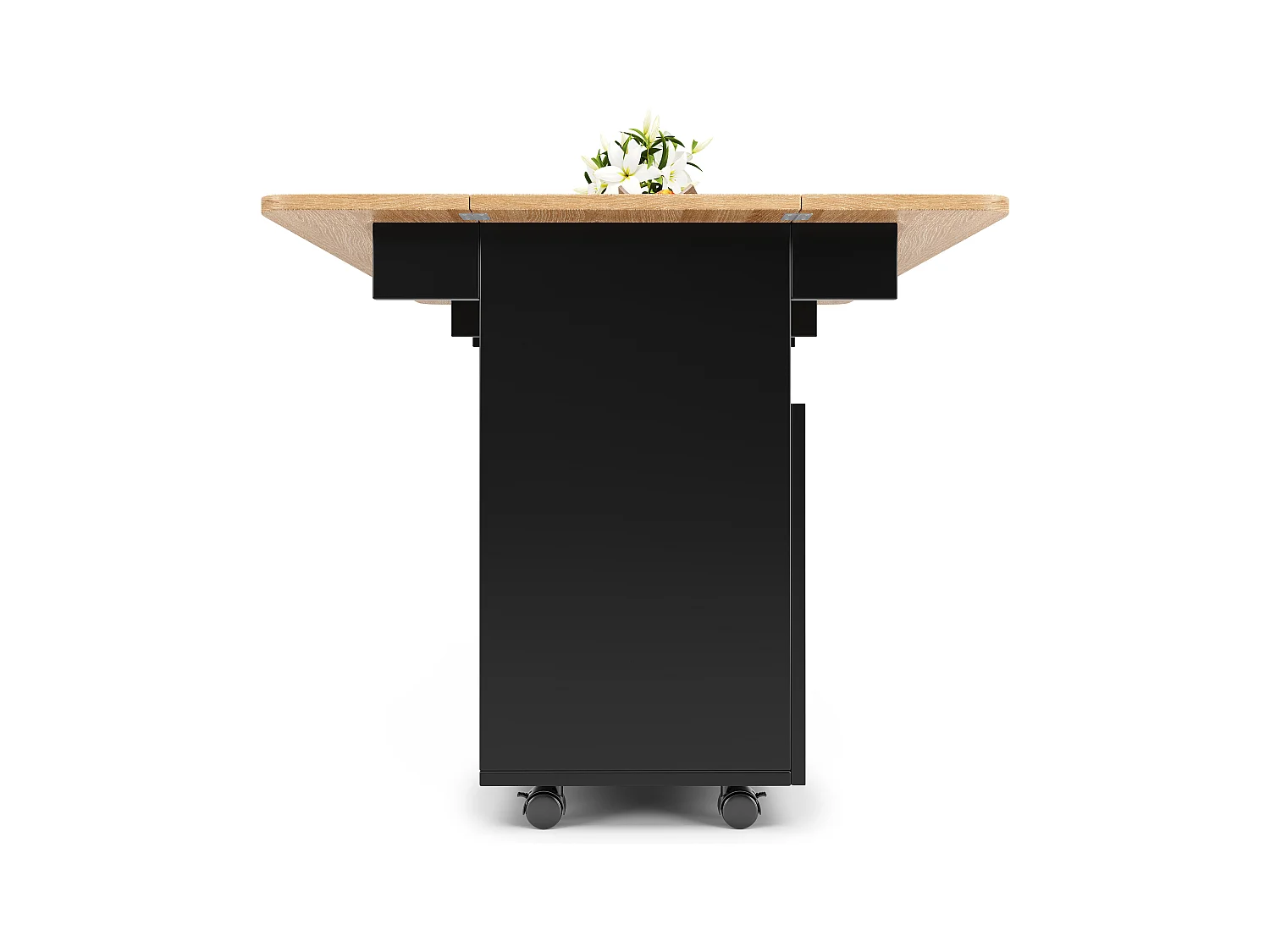 Isola cucina moderna con ripiani pieghevoli, contenitore multifunzionale, MDF, legno nero e naturale (120x30x90 cm)