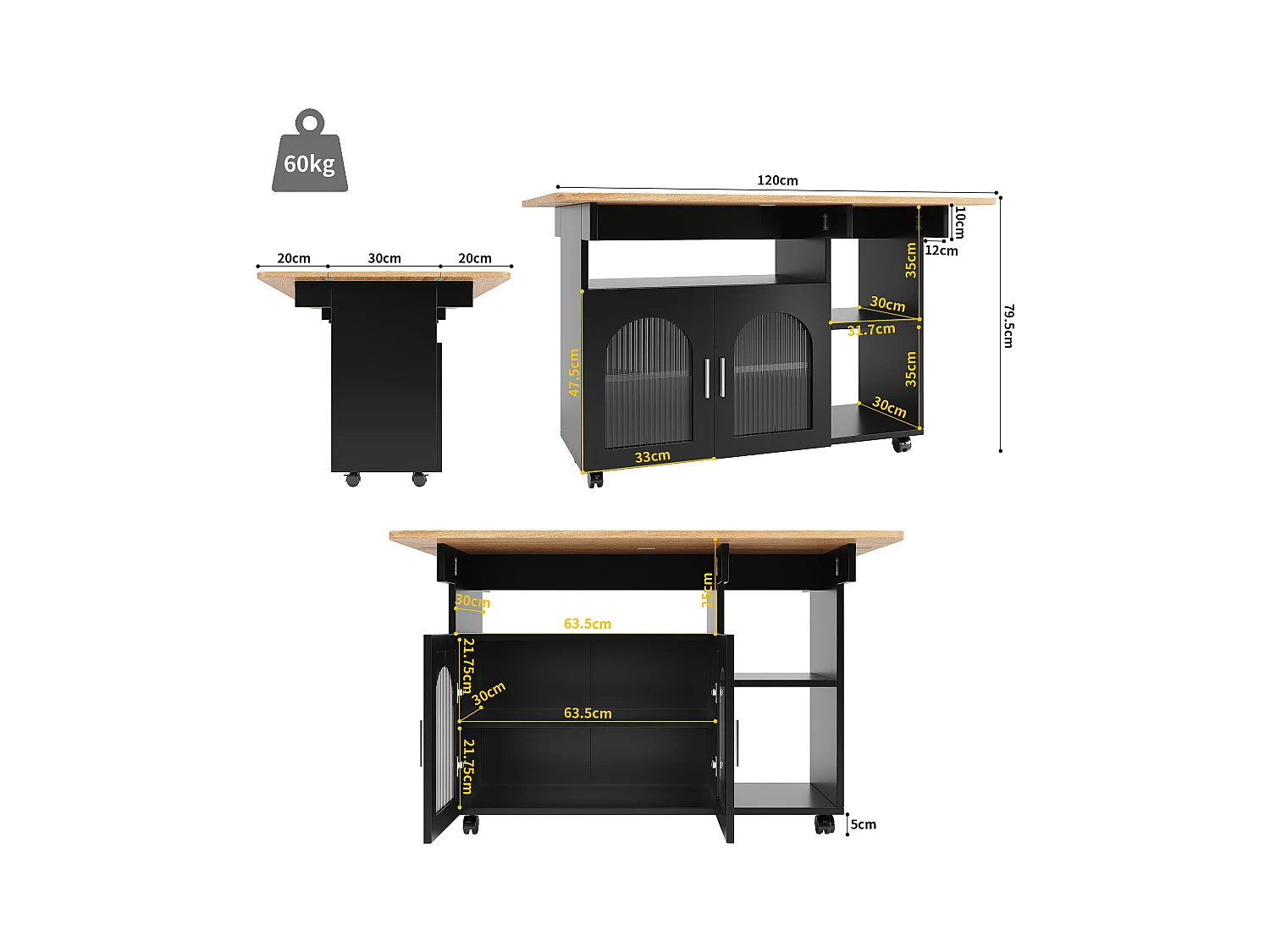 Isola cucina moderna con ripiani pieghevoli, contenitore multifunzionale, MDF, legno nero e naturale (120x30x90 cm)