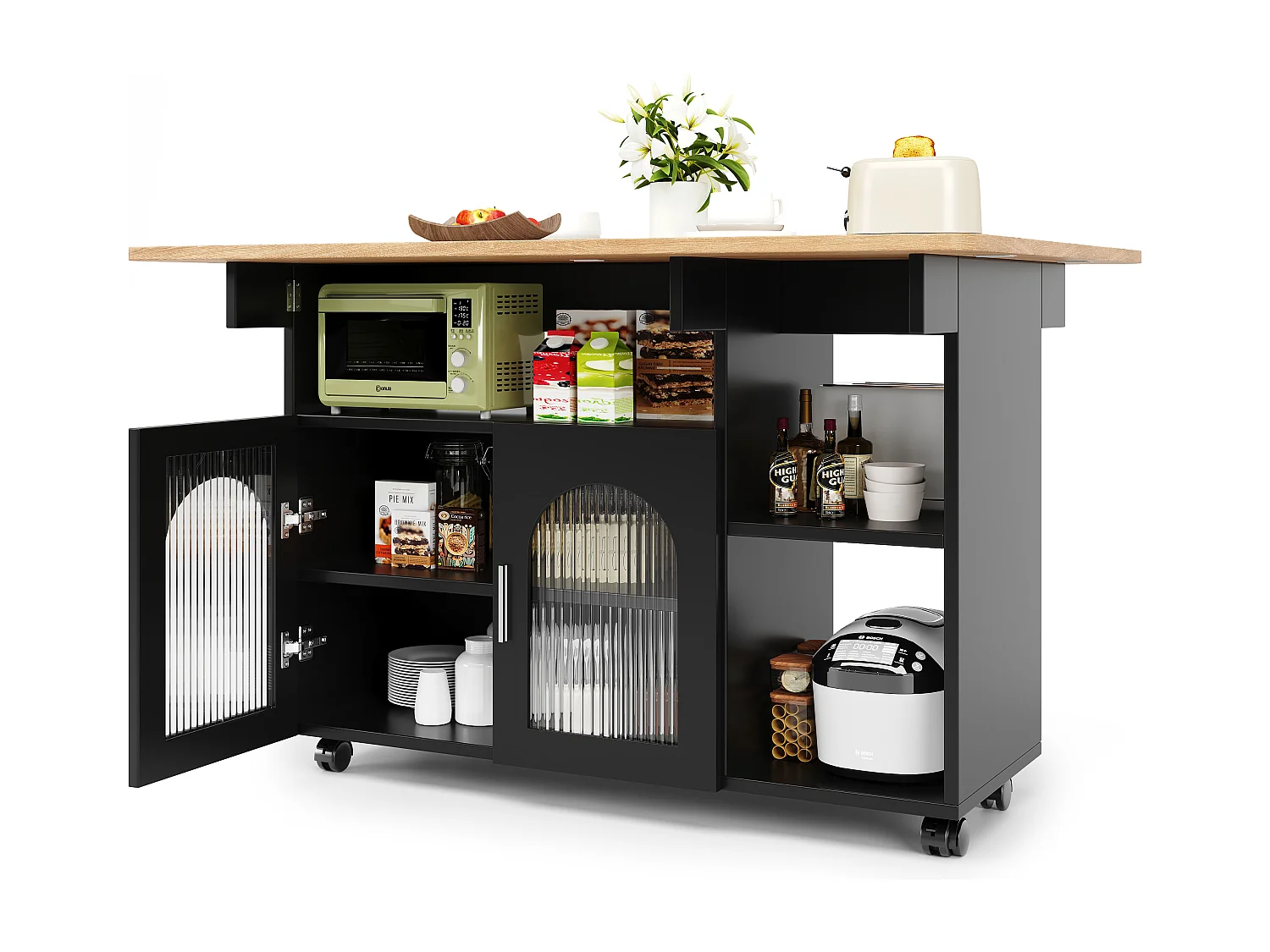 Îlot de cuisine moderne avec plateaux pliables, rangement multifonction, MDF, noir et bois naturel (120x30x90 cm)