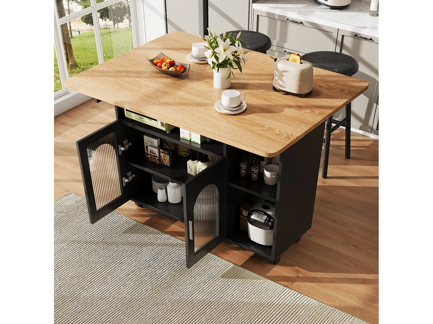 Îlot de cuisine moderne avec plateaux pliables, rangement multifonction, MDF, noir et bois naturel (120x30x90 cm)