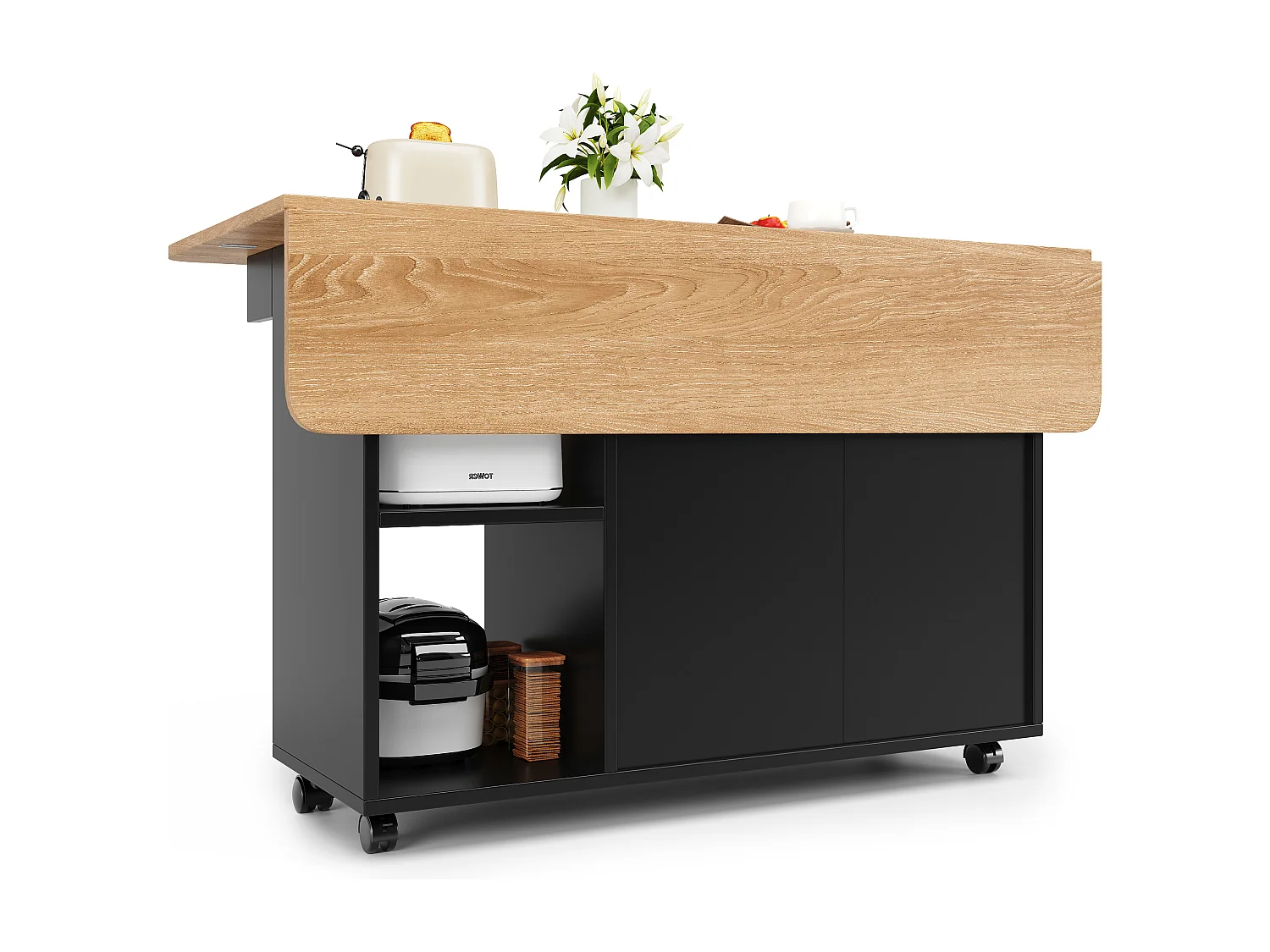 Îlot de cuisine moderne avec plateaux pliables, rangement multifonction, MDF, noir et bois naturel (120x30x90 cm)