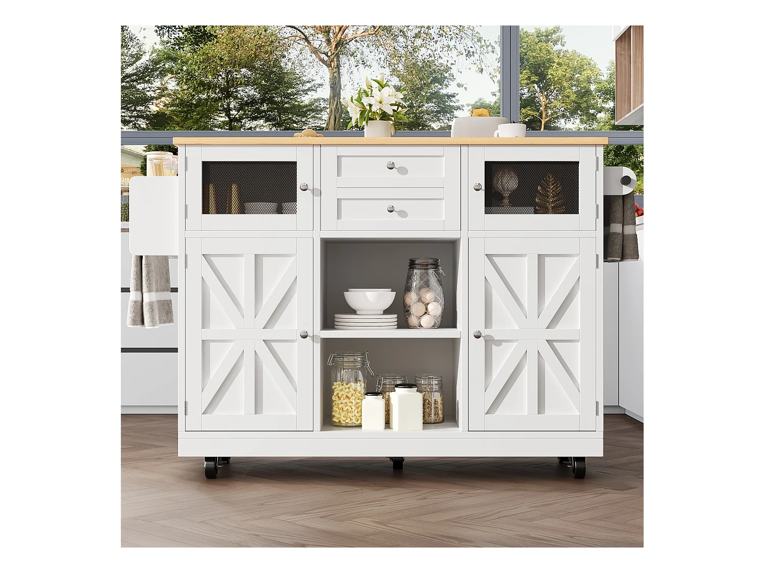 Îlot de cuisine mobile extensible, MDF et métal, blanc avec plateau bois (140x40x93.5cm)
