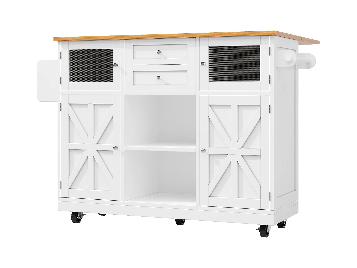Îlot de cuisine mobile extensible, MDF et métal, blanc avec plateau bois (140x40x93.5cm)