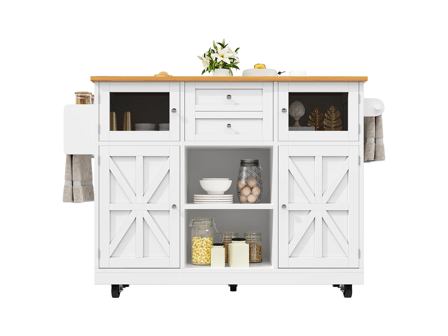 Îlot de cuisine mobile extensible, MDF et métal, blanc avec plateau bois (140x40x93.5cm)