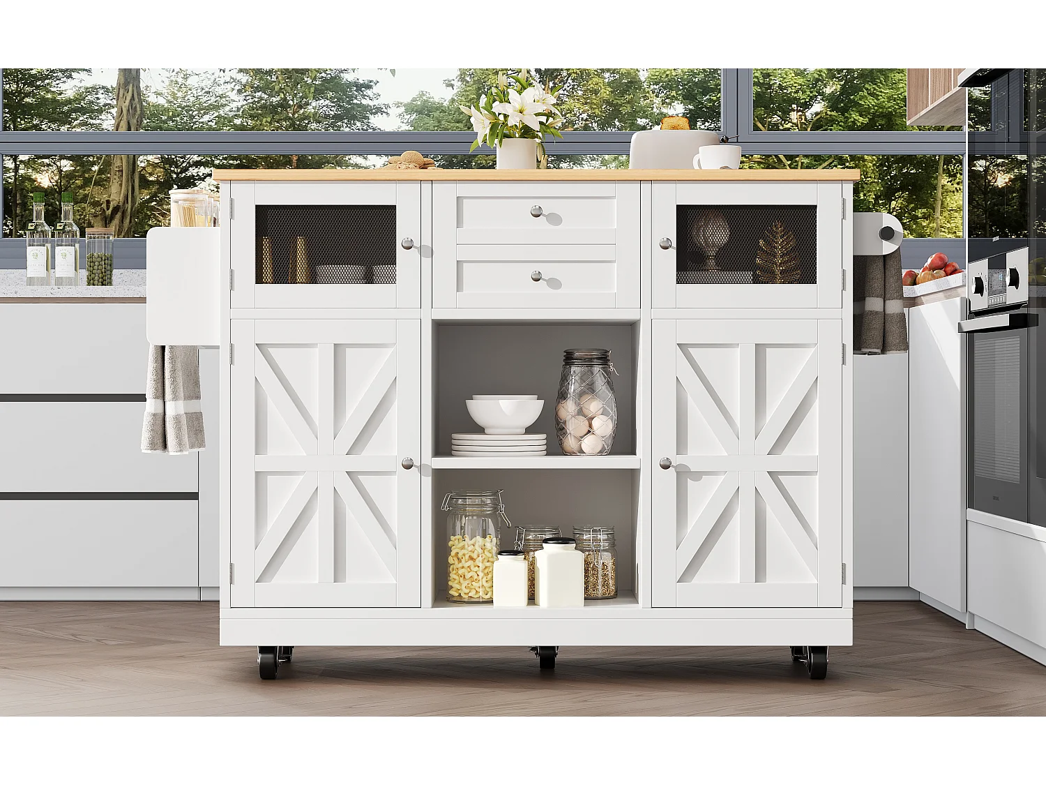 Îlot de cuisine mobile extensible, MDF et métal, blanc avec plateau bois (140x40x93.5cm)
