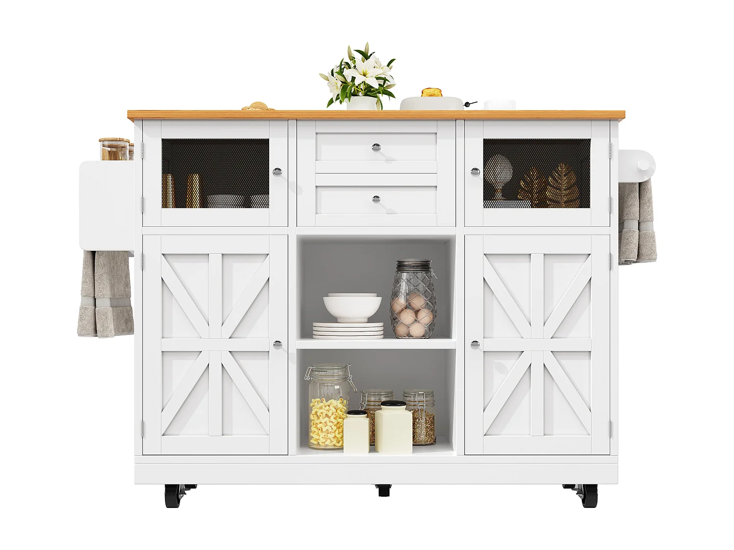 Îlot de cuisine mobile extensible, MDF et métal, blanc avec plateau bois (140x40x93.5cm)