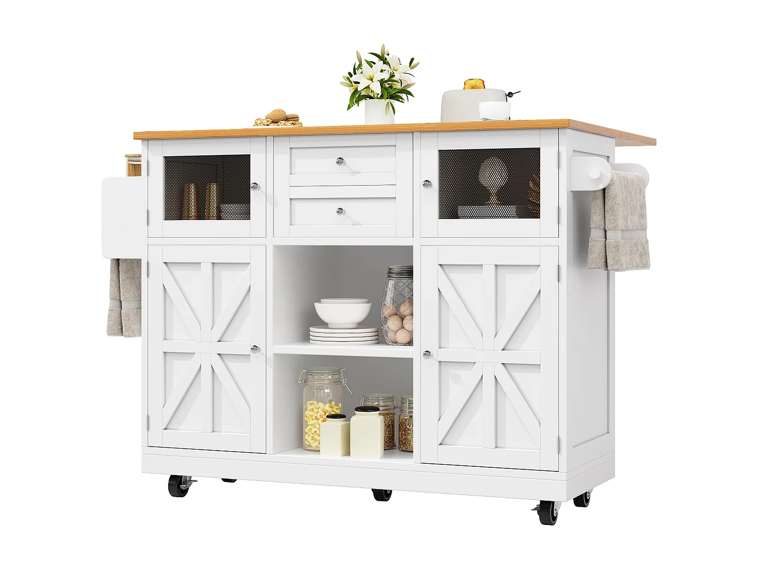 Îlot de cuisine mobile extensible, MDF et métal, blanc avec plateau bois (140x40x93.5cm)