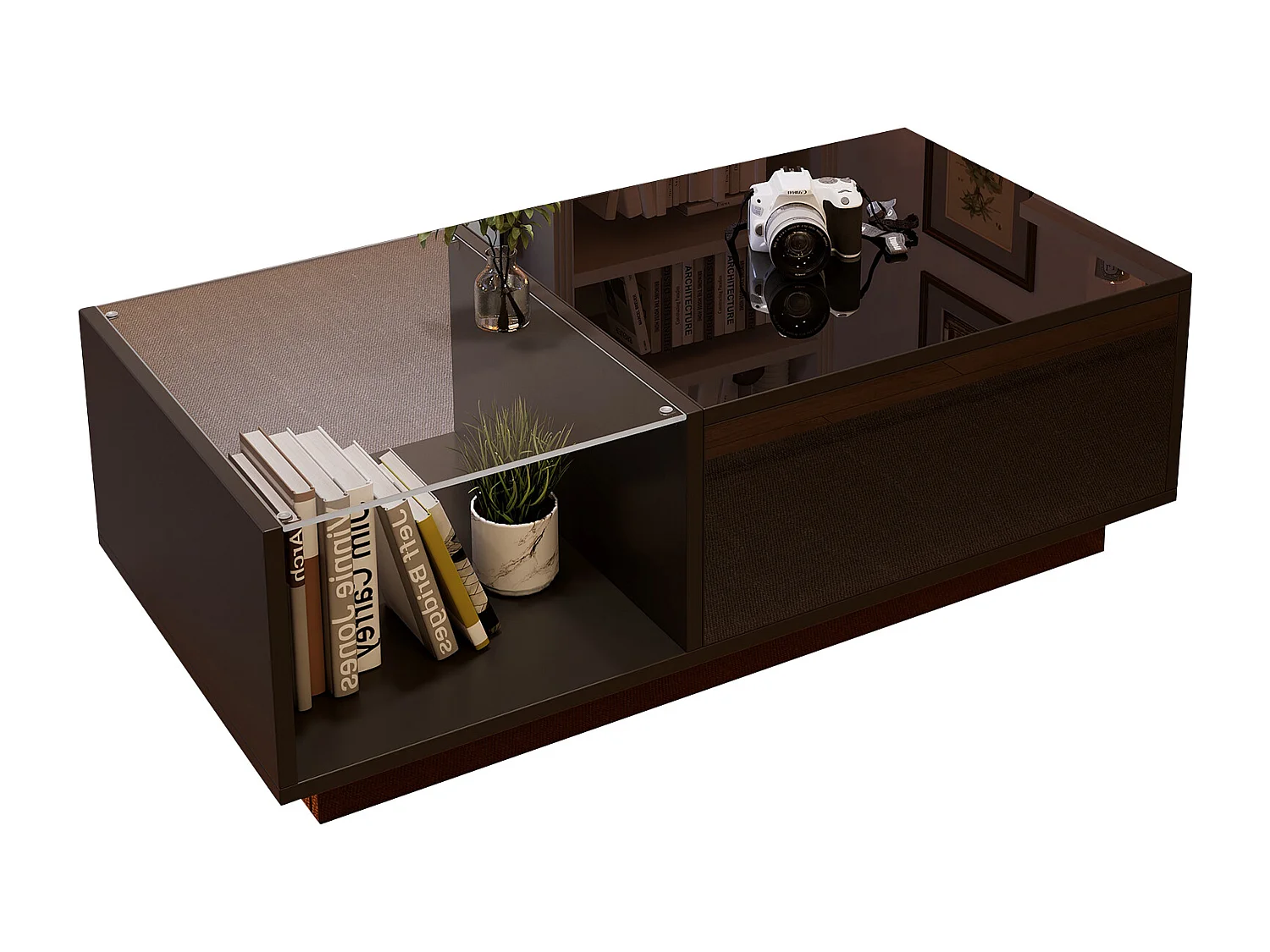 Tavolino da caffè LED regolabile in altezza, in truciolato, nero, con contenitore integrato (100x50x33-46,5 cm)