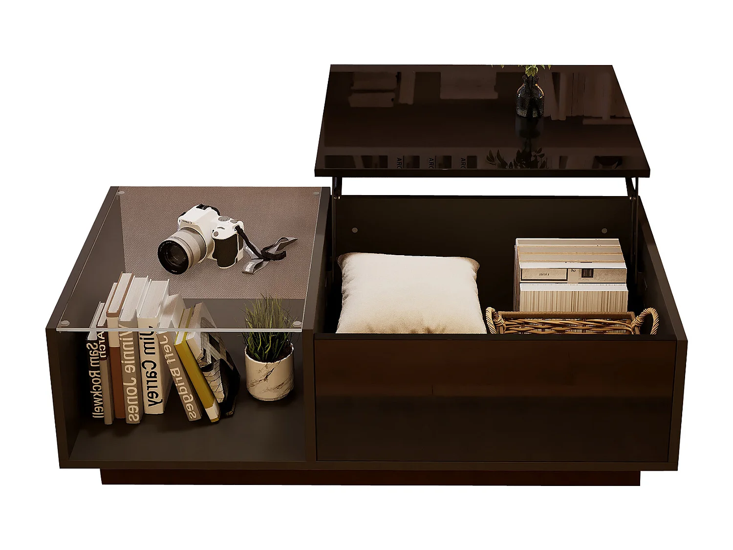 Tavolino da caffè LED regolabile in altezza, in truciolato, nero, con contenitore integrato (100x50x33-46,5 cm)