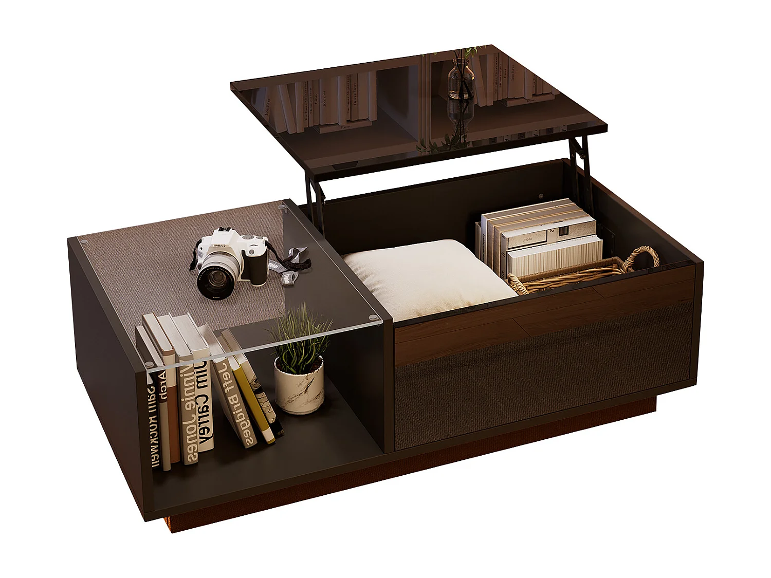 Tavolino da caffè LED regolabile in altezza, in truciolato, nero, con contenitore integrato (100x50x33-46,5 cm)