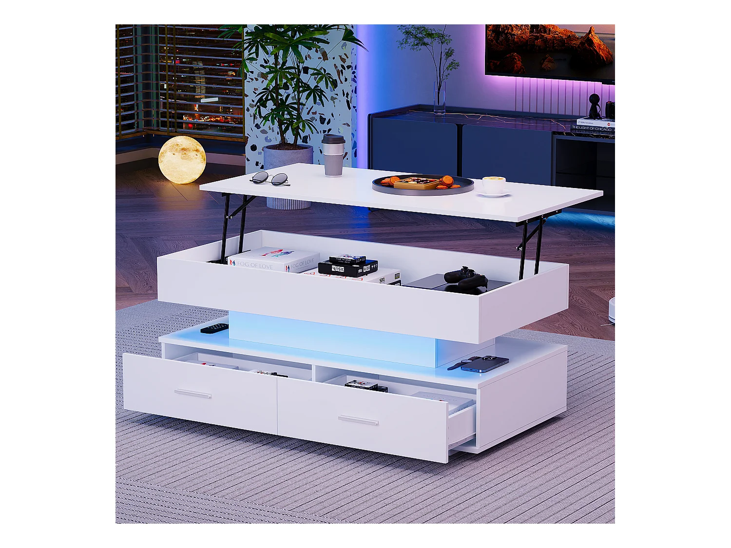 Table basse hydraulique avec réglage de hauteur, LED, 2 tiroirs, stockage ouvert, blanc (100 x 50 x 44 cm)