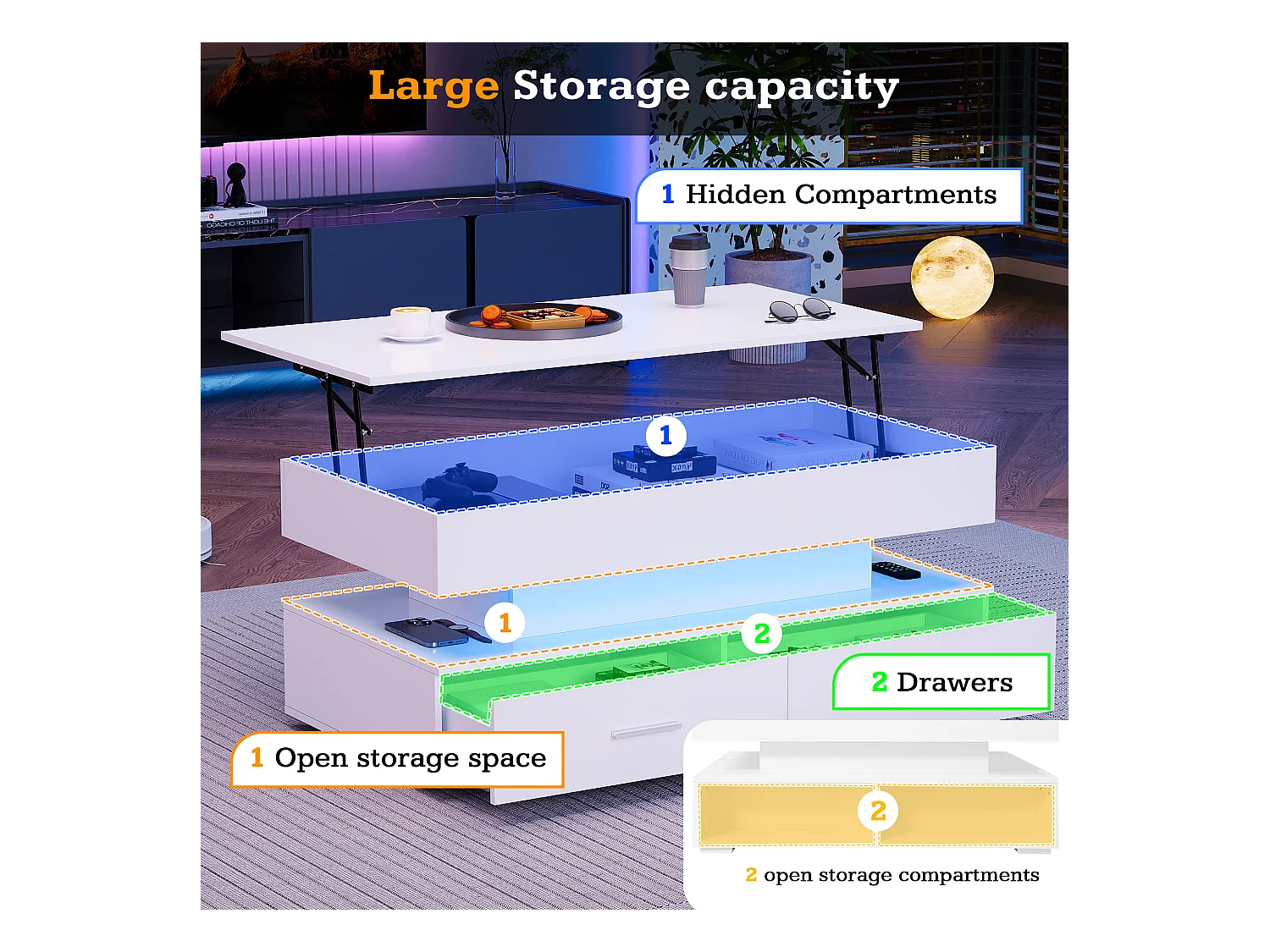 Table basse hydraulique avec réglage de hauteur, LED, 2 tiroirs, stockage ouvert, blanc (100 x 50 x 44 cm)