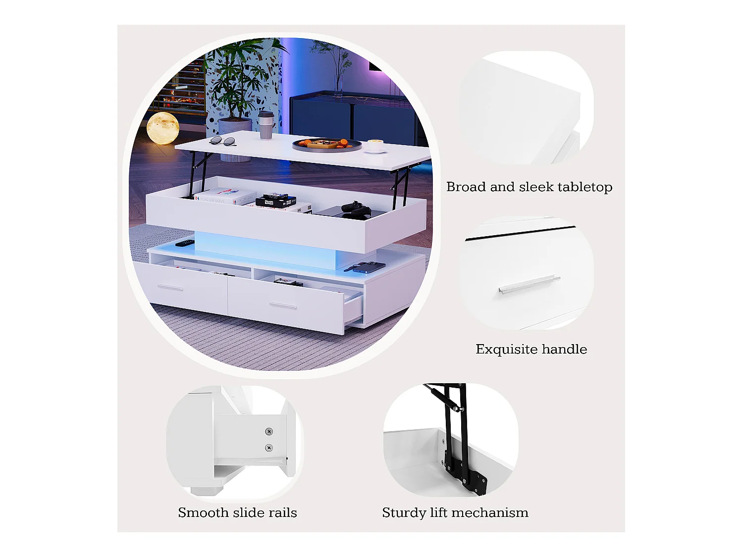 Table basse hydraulique avec réglage de hauteur, LED, 2 tiroirs, stockage ouvert, blanc (100 x 50 x 44 cm)