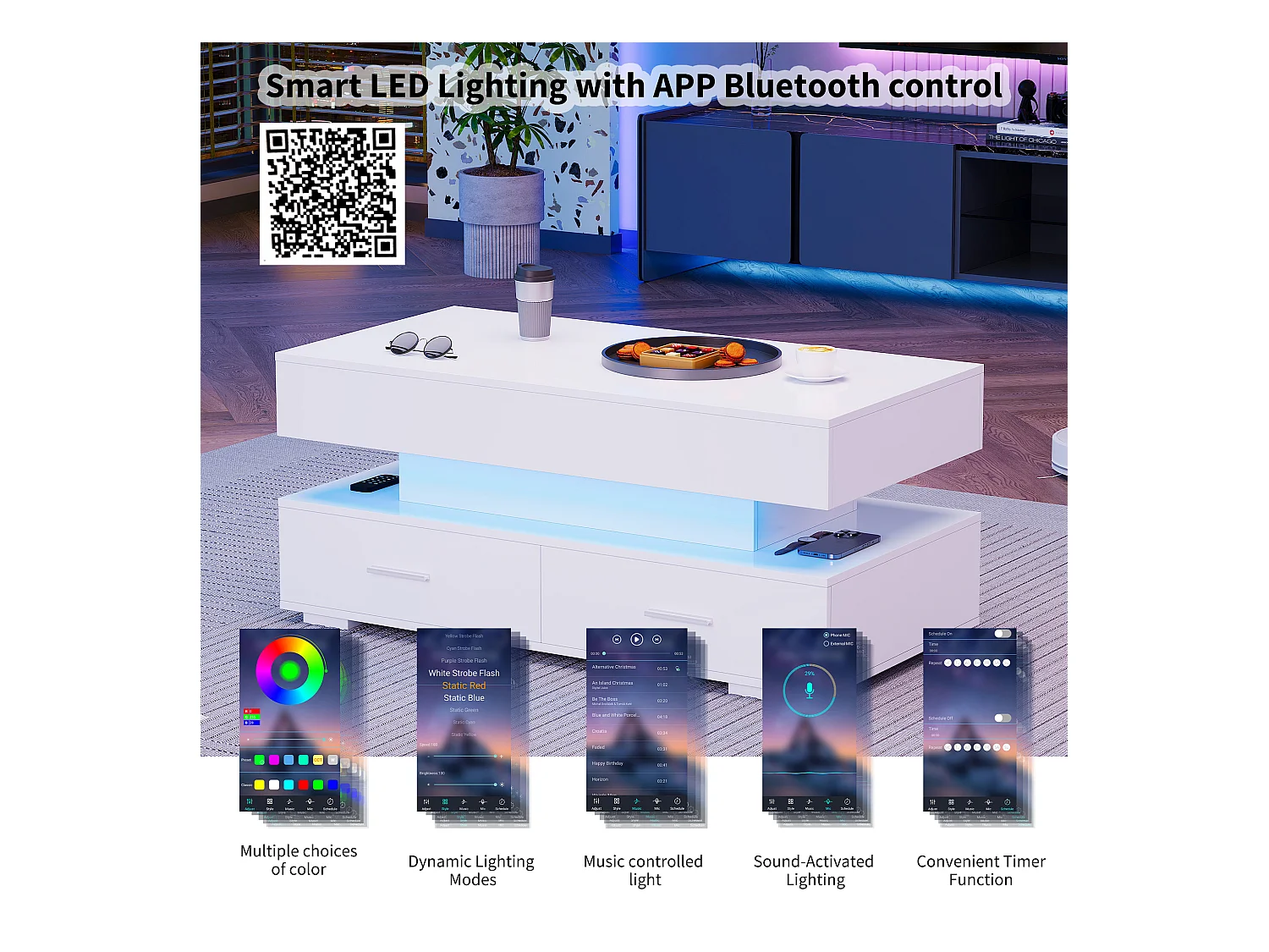 Table basse hydraulique avec réglage de hauteur, LED, 2 tiroirs, stockage ouvert, blanc (100 x 50 x 44 cm)
