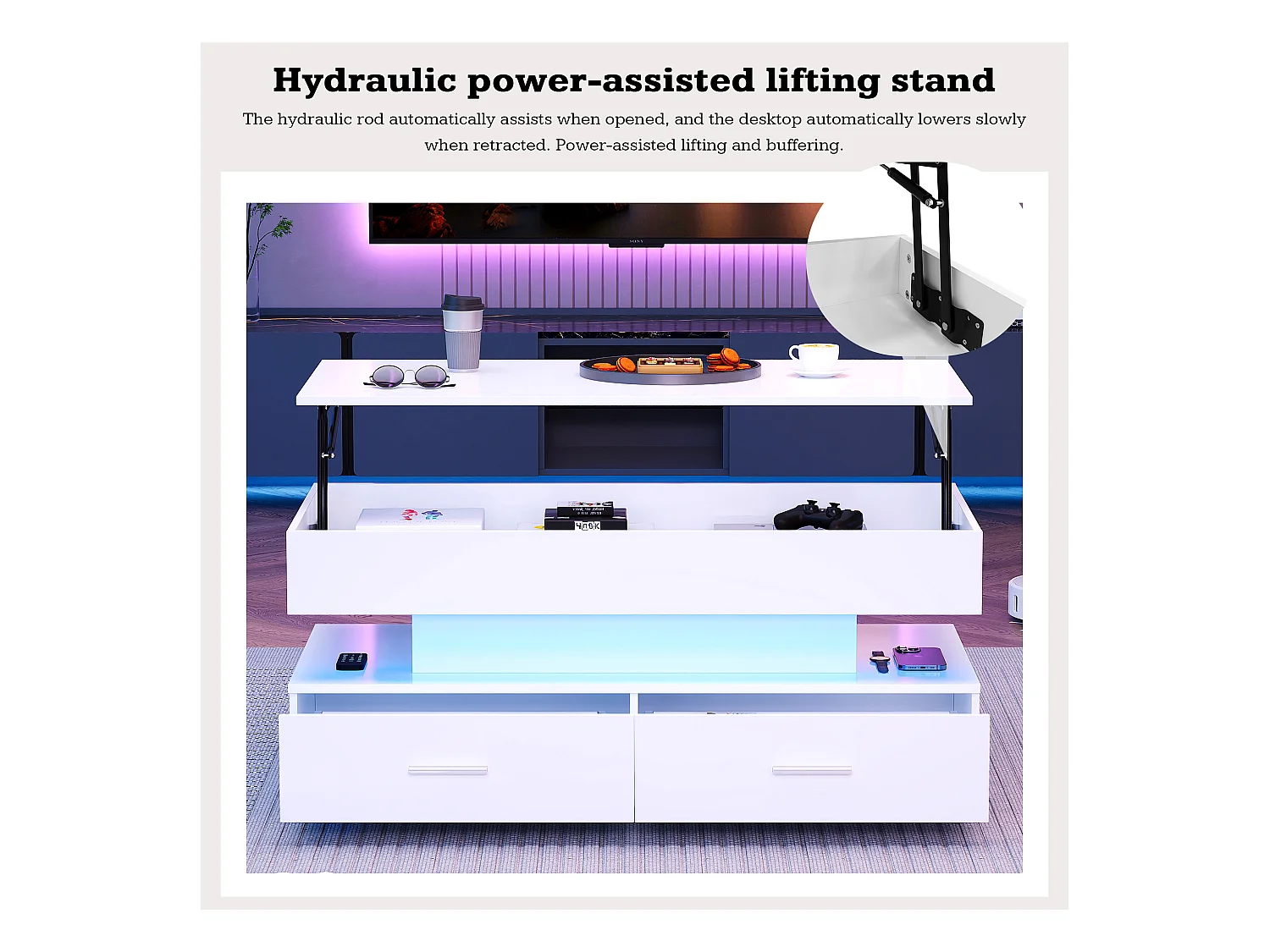 Table basse hydraulique avec réglage de hauteur, LED, 2 tiroirs, stockage ouvert, blanc (100 x 50 x 44 cm)