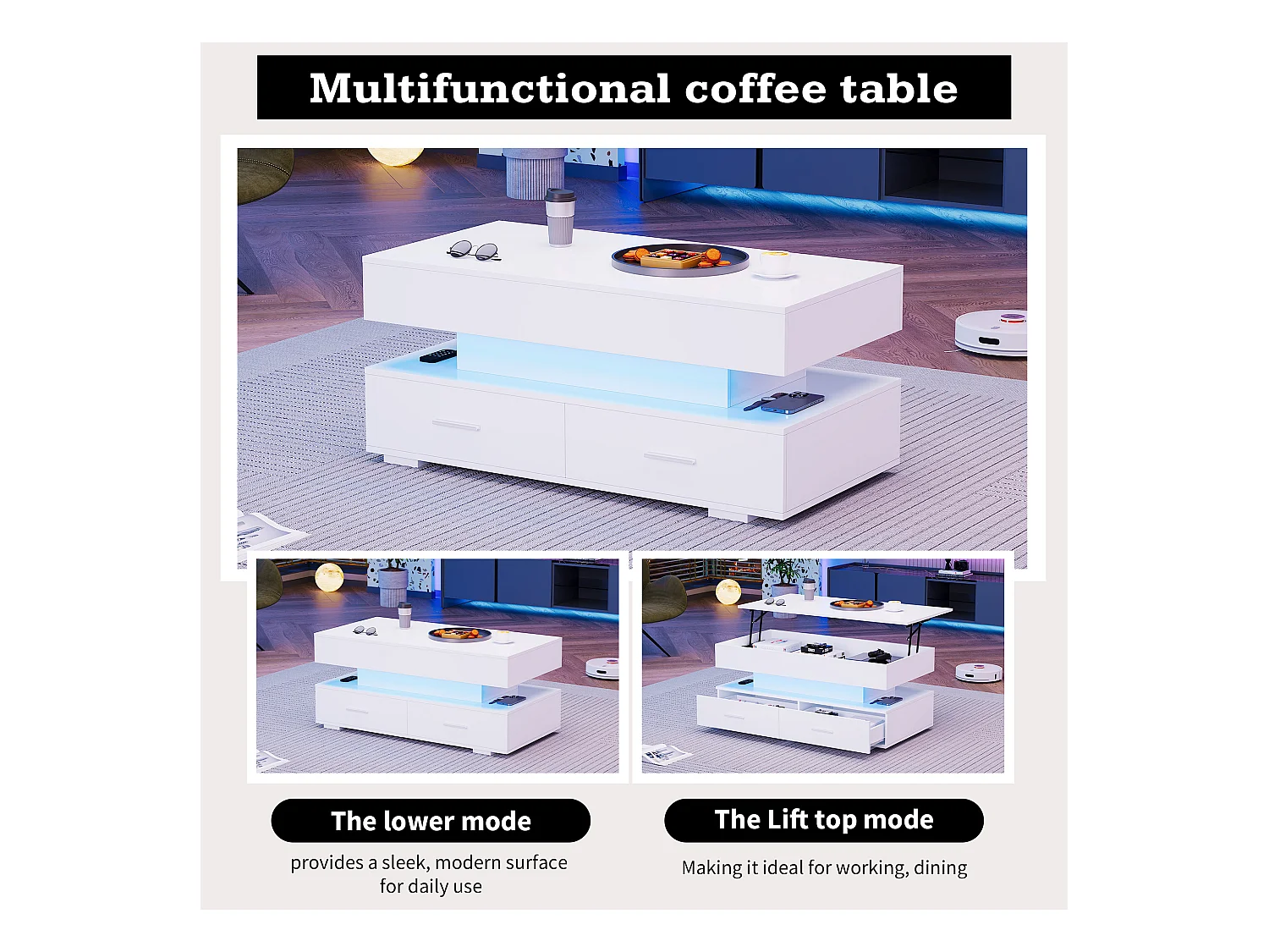 Table basse hydraulique avec réglage de hauteur, LED, 2 tiroirs, stockage ouvert, blanc (100 x 50 x 44 cm)