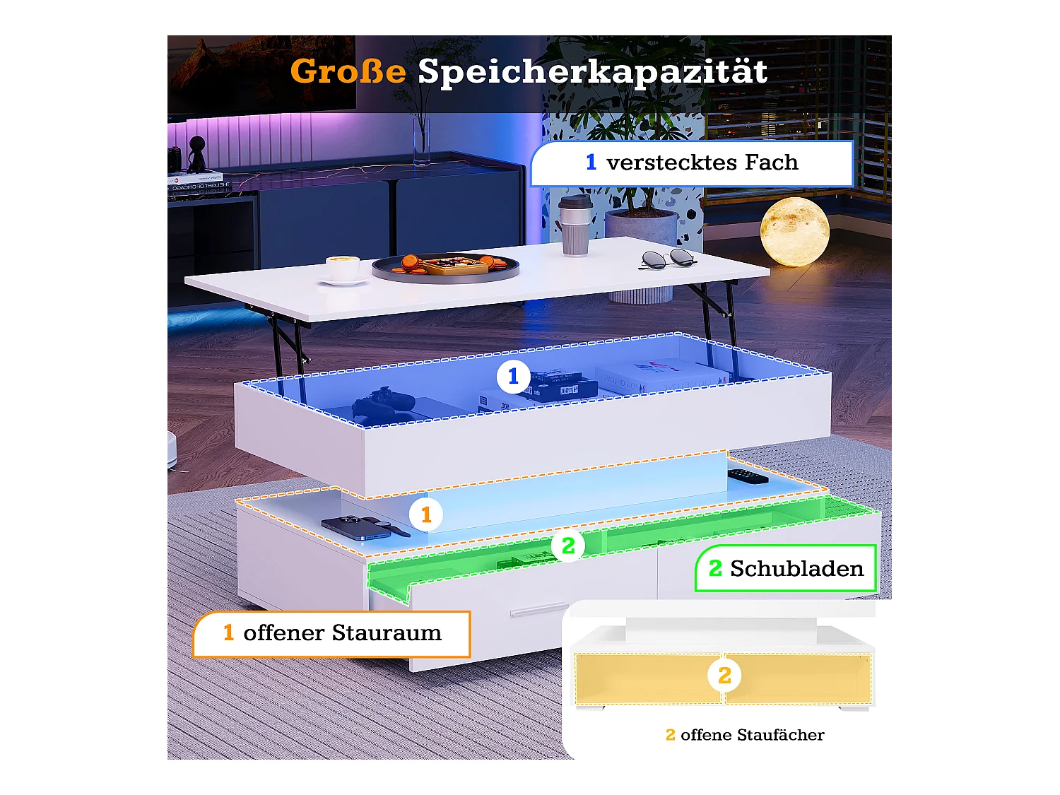 Table basse hydraulique avec réglage de hauteur, LED, 2 tiroirs, stockage ouvert, blanc (100 x 50 x 44 cm)