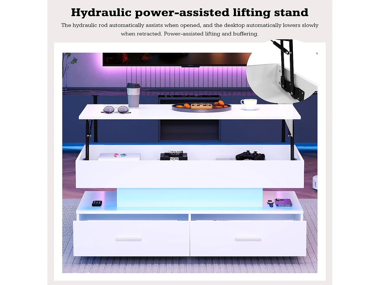 Hydraulische salontafel met hoogteverstelling, LED, 2 lades, open opbergruimte, wit (100 x 50 x 44 cm)