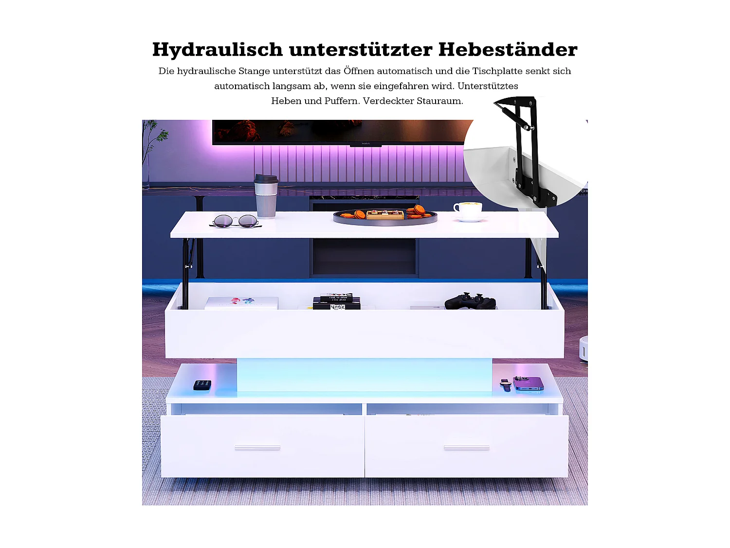 Hydraulische salontafel met hoogteverstelling, LED, 2 lades, open opbergruimte, wit (100 x 50 x 44 cm)