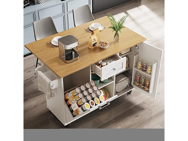 Îlot de cuisine multifonction, meuble de rangement, avec étagères et roulettes, MDF, blanc (142x63x87 cm)