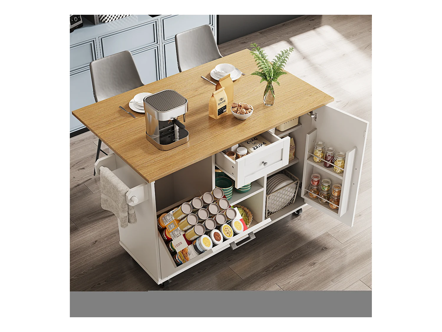 Îlot de cuisine multifonction, meuble de rangement, avec étagères et roulettes, MDF, blanc (142x63x87 cm)