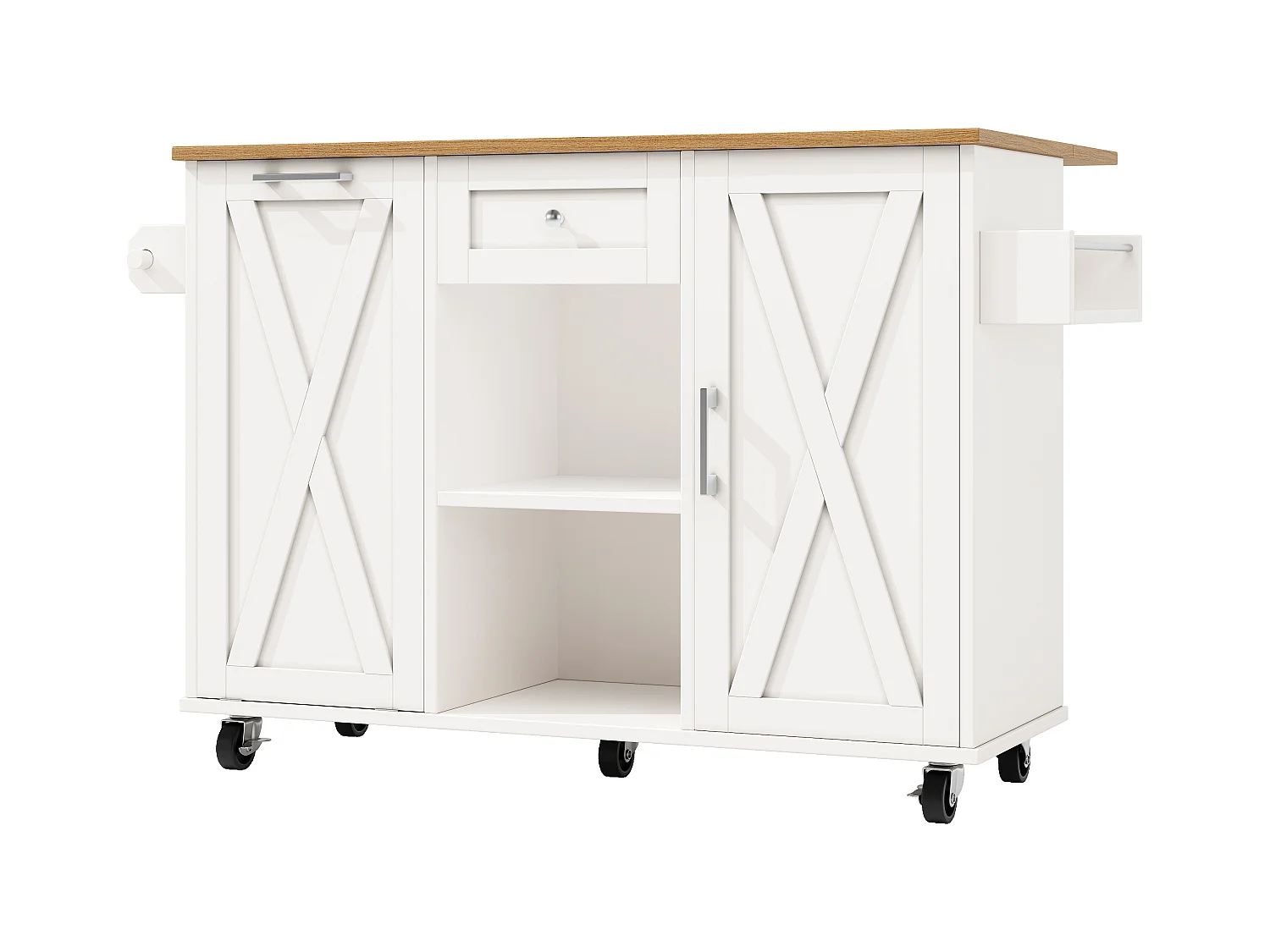 Îlot de cuisine multifonction, meuble de rangement, avec étagères et roulettes, MDF, blanc (142x63x87 cm)