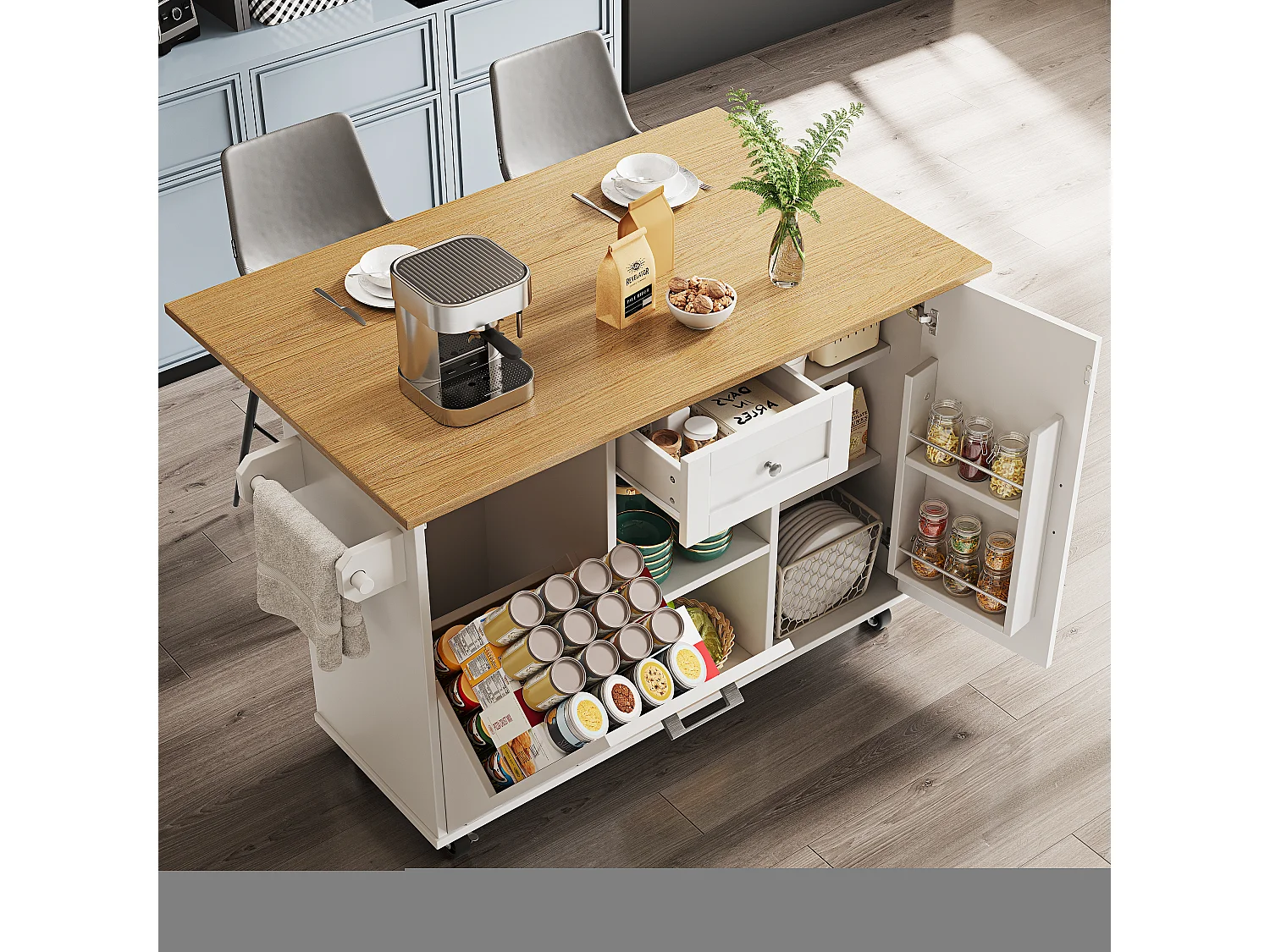 Multifunctioneel kookeiland, opbergmeubel, met planken en wielen, MDF, wit (142x63x87 cm)