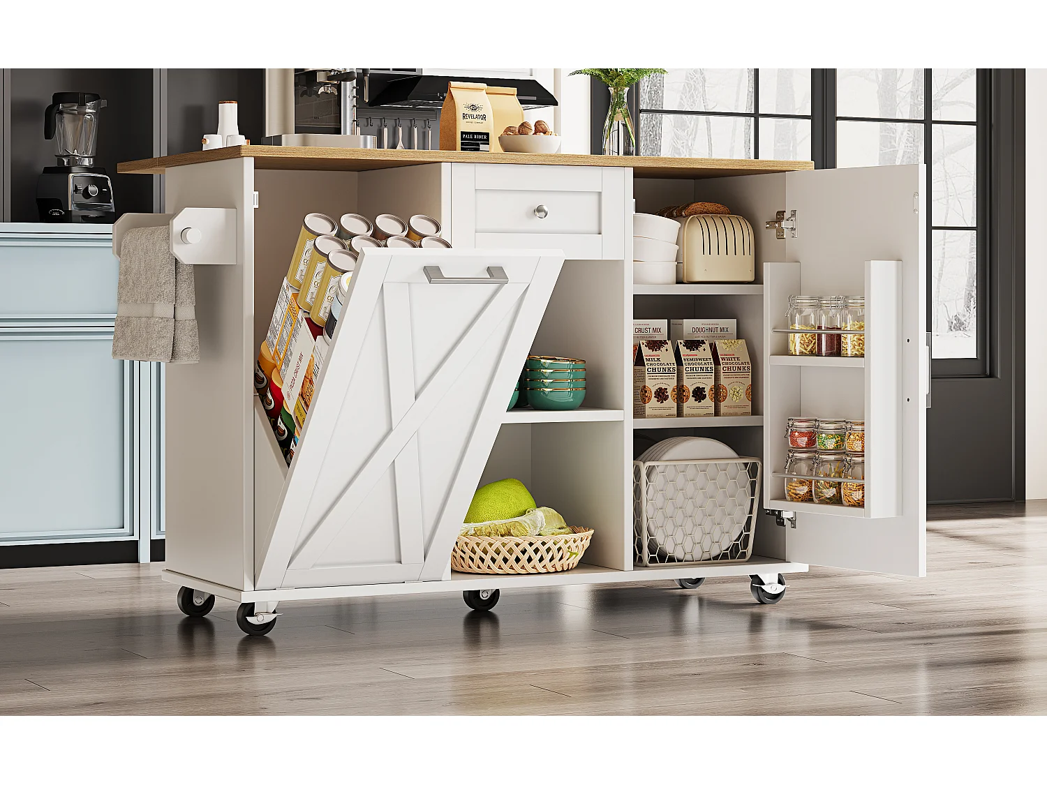 Multifunctioneel kookeiland, opbergmeubel, met planken en wielen, MDF, wit (142x63x87 cm)