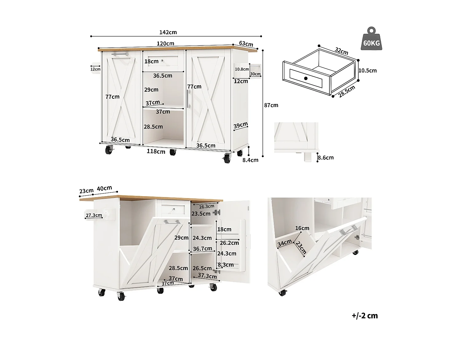 Multifunctioneel kookeiland, opbergmeubel, met planken en wielen, MDF, wit (142x63x87 cm)