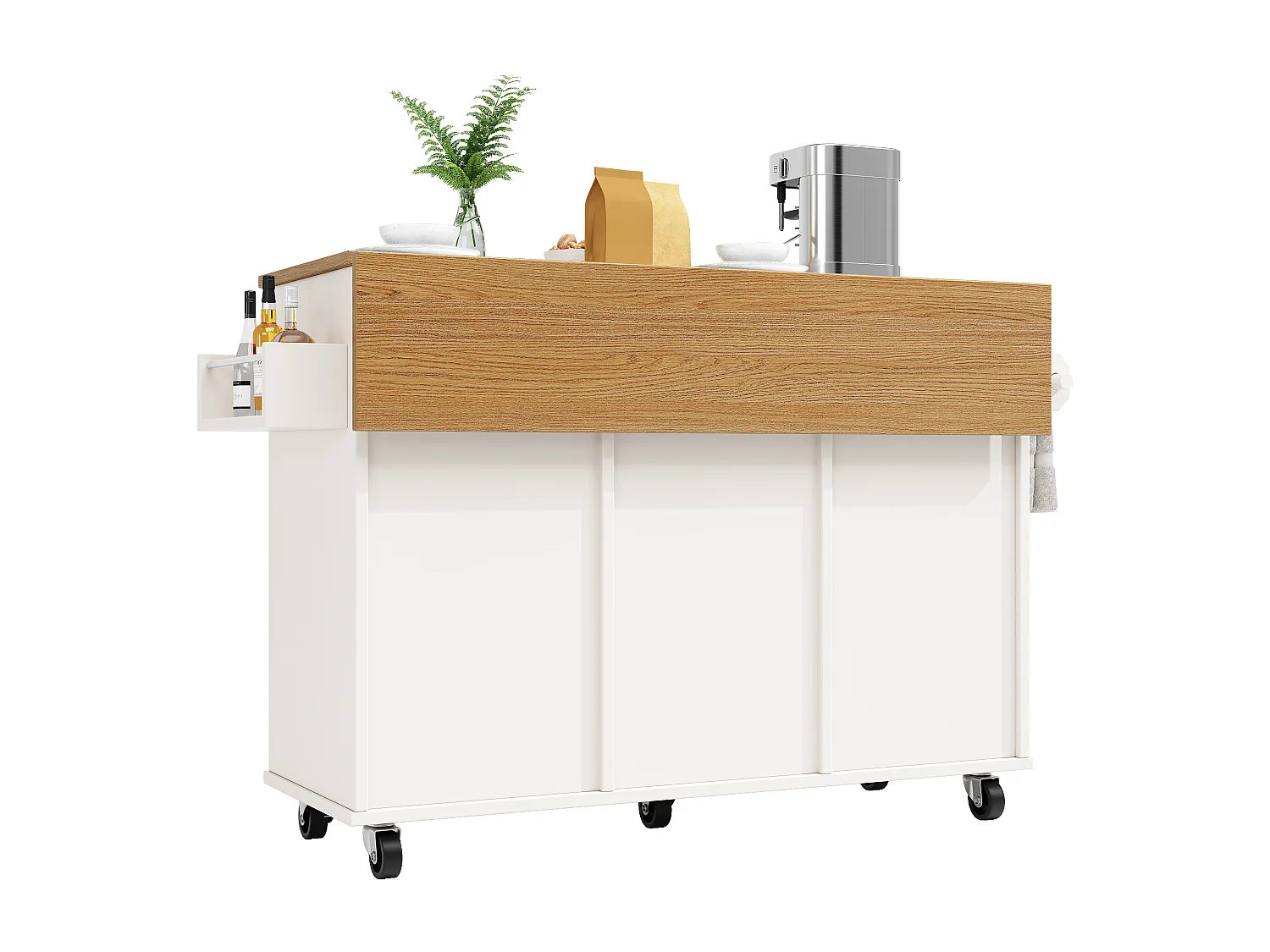 Multifunctioneel kookeiland, opbergmeubel, met planken en wielen, MDF, wit (142x63x87 cm)