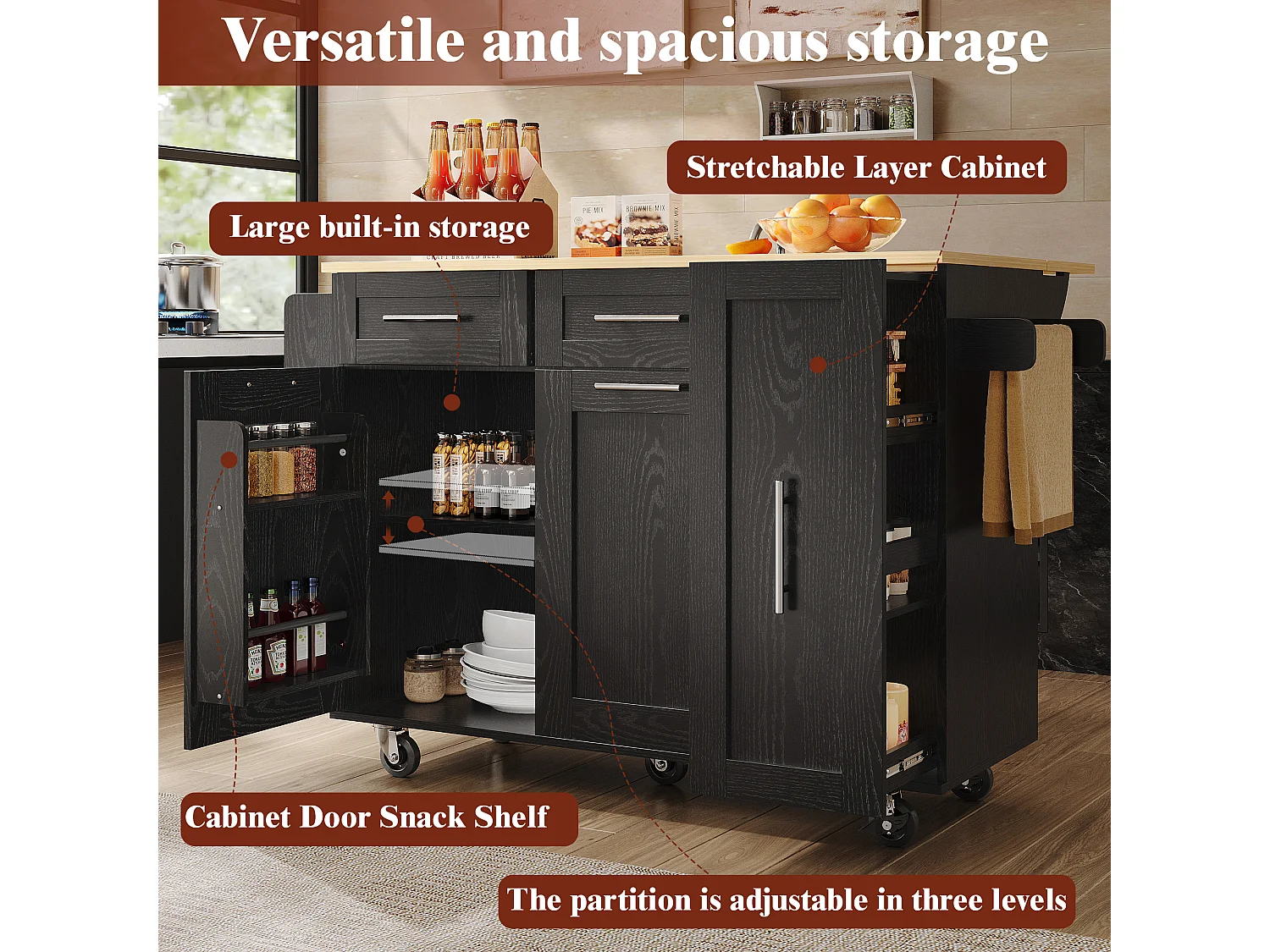 Îlot de Cuisine Moderne avec Rangement, Buffet avec Table Pliable, MDF et Métal, Noir (110 x 46 x 90.5 cm)