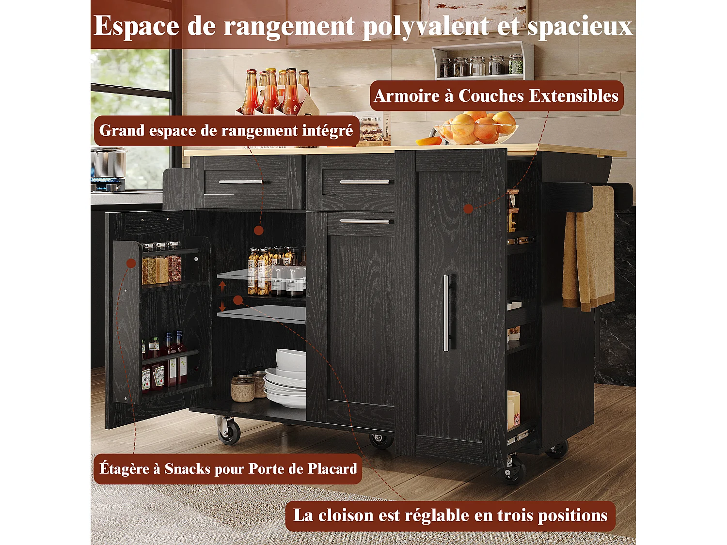 Îlot de Cuisine Moderne avec Rangement, Buffet avec Table Pliable, MDF et Métal, Noir (110 x 46 x 90.5 cm)
