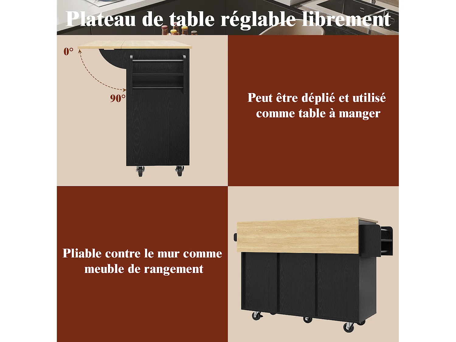 Isla de cocina moderna con almacenaje, aparador con mesa plegable, MDF y metal, color negro (110 x 46 x 90,5 cm)