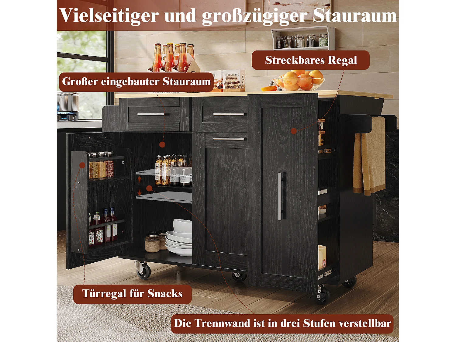 Isla de cocina moderna con almacenaje, aparador con mesa plegable, MDF y metal, color negro (110 x 46 x 90,5 cm)