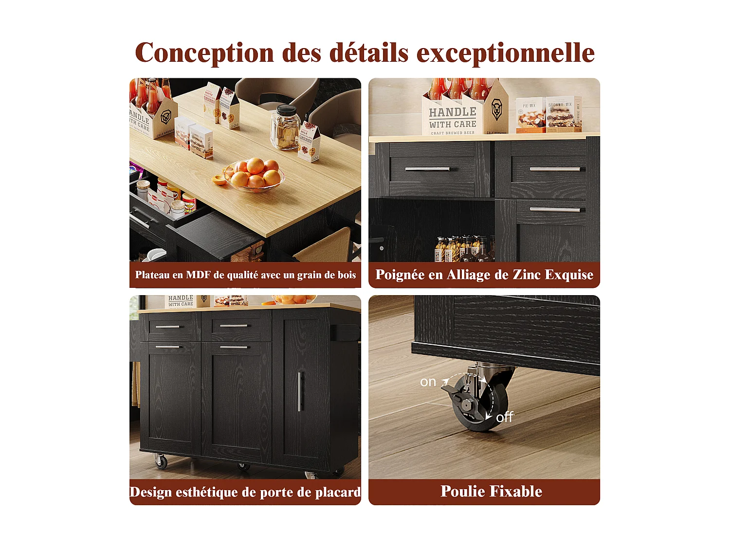 Isla de cocina moderna con almacenaje, aparador con mesa plegable, MDF y metal, color negro (110 x 46 x 90,5 cm)