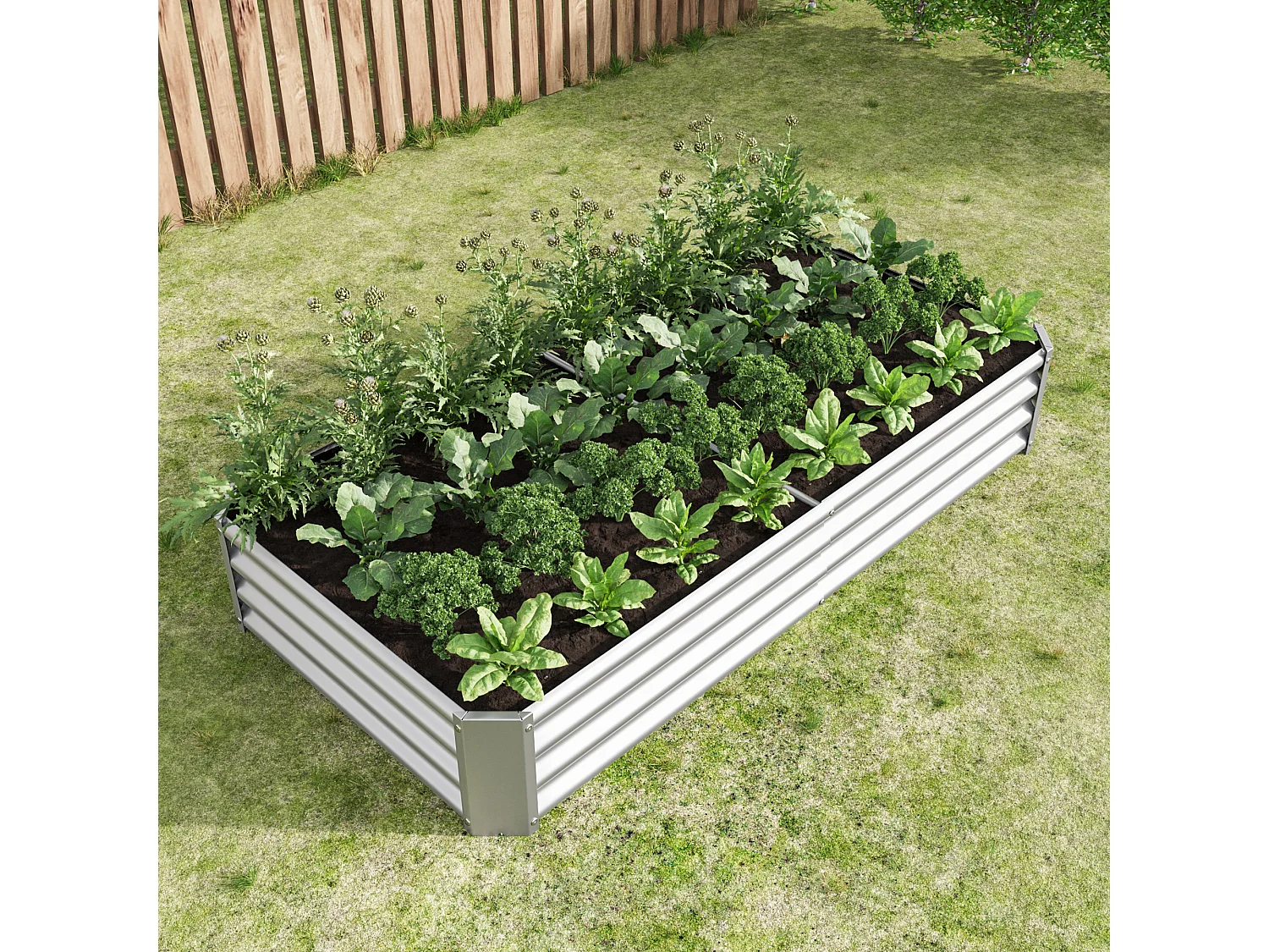 Jardinière en métal, acier galvanisé, sans fond, pour légumes, herbes et fleurs, argenté (180x90x30 cm)