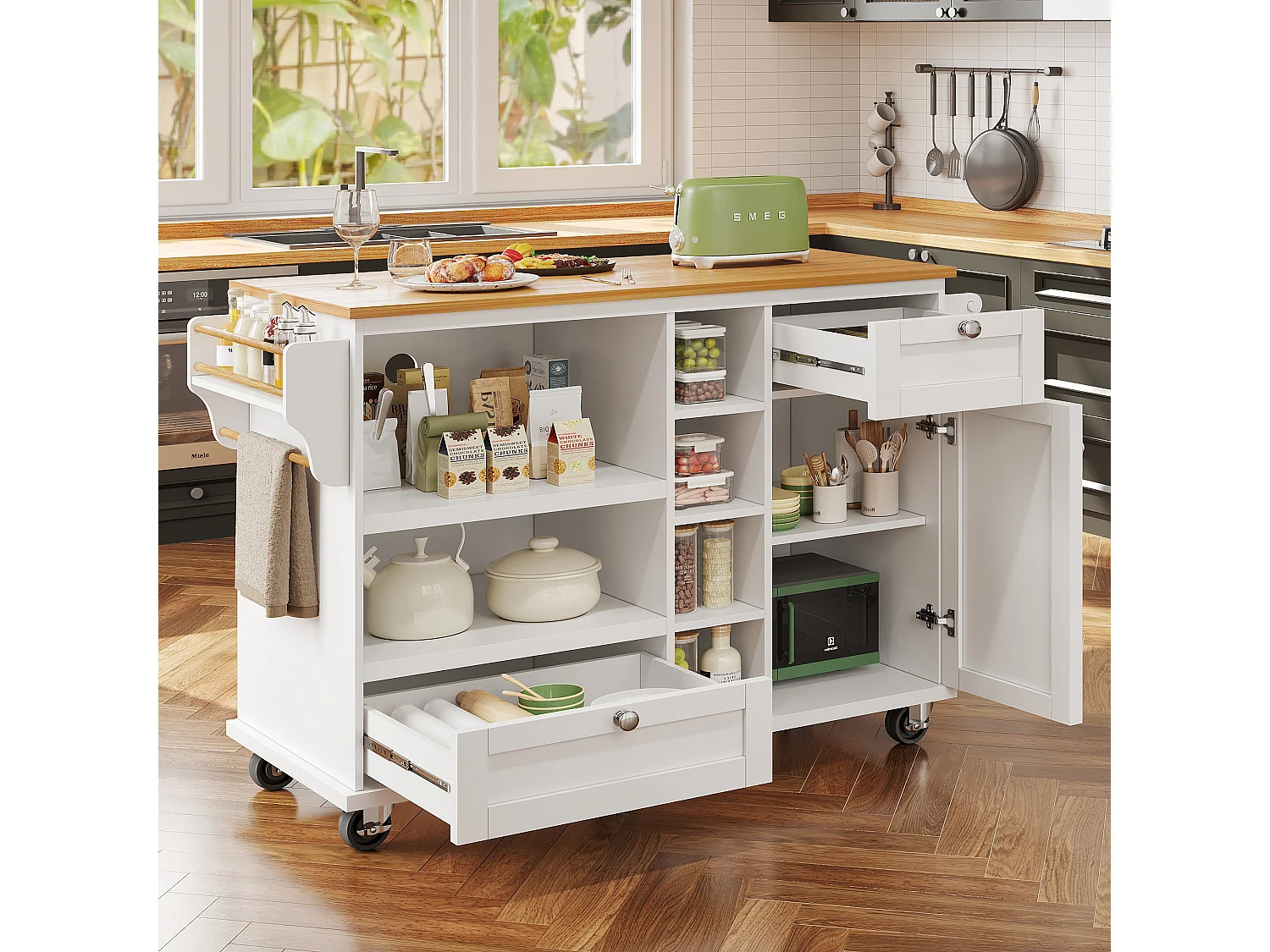 Îlot de cuisine avec plateau rabattable, 2 portes et 3 tiroirs, MDF, Noir et Bois, (140x45x94 cm)