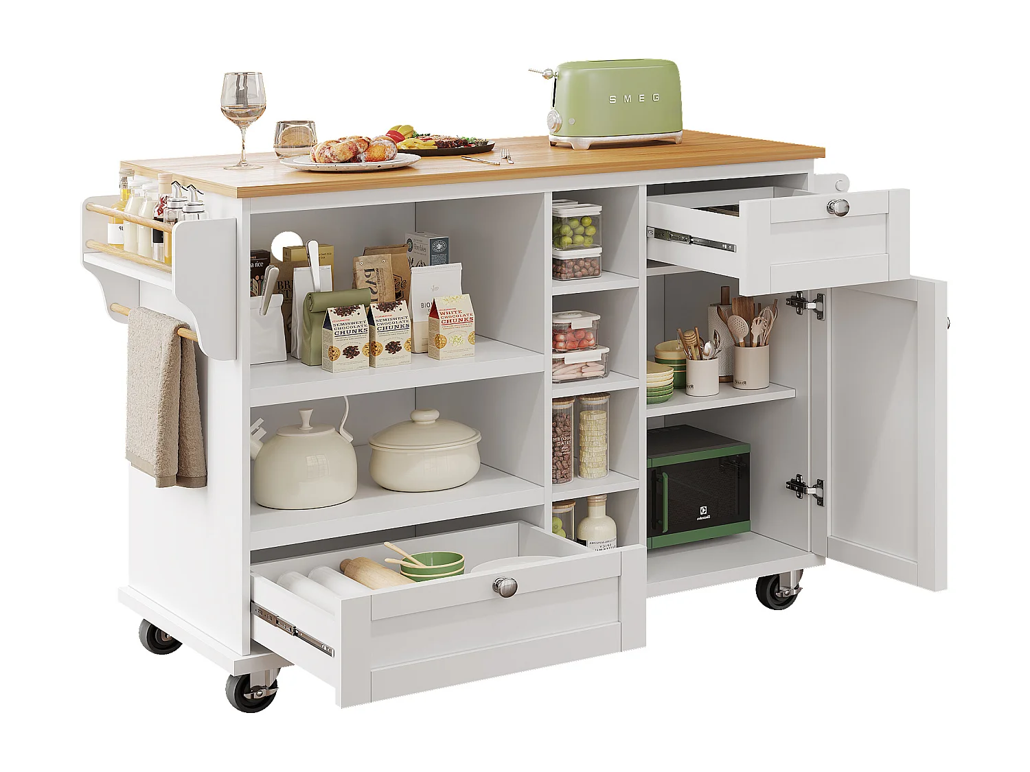 Îlot de cuisine avec plateau rabattable, 2 portes et 3 tiroirs, MDF, Noir et Bois, (140x45x94 cm)