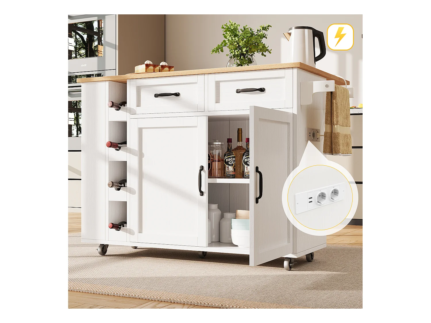 Keukeneiland met stopcontacten, rolwagen, opbergruimte met planken, hout- en metaaldesign, wit (131,5 x 43 x 90,7 cm)