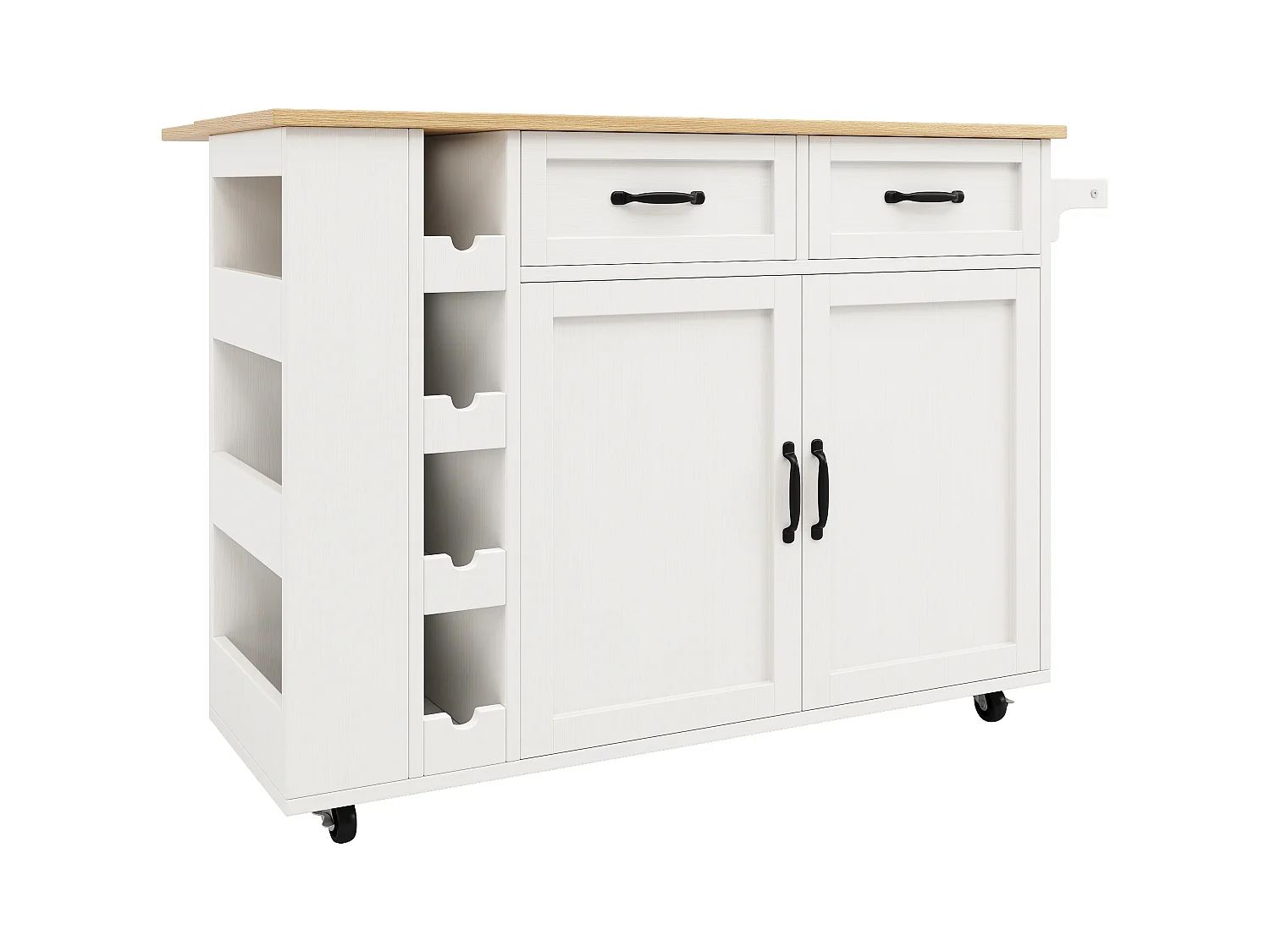 Keukeneiland met stopcontacten, rolwagen, opbergruimte met planken, hout- en metaaldesign, wit (131,5 x 43 x 90,7 cm)