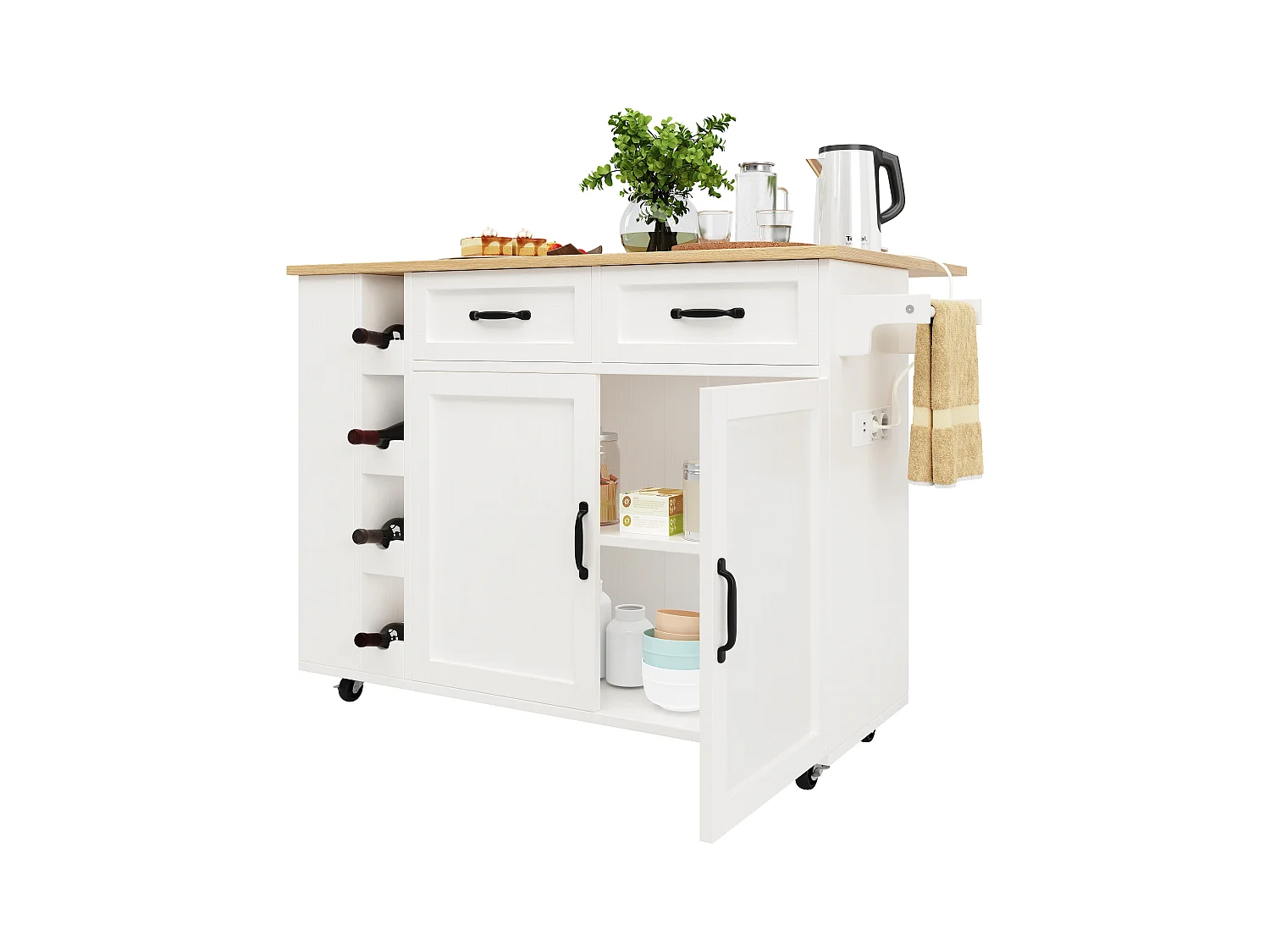 Keukeneiland met stopcontacten, rolwagen, opbergruimte met planken, hout- en metaaldesign, wit (131,5 x 43 x 90,7 cm)