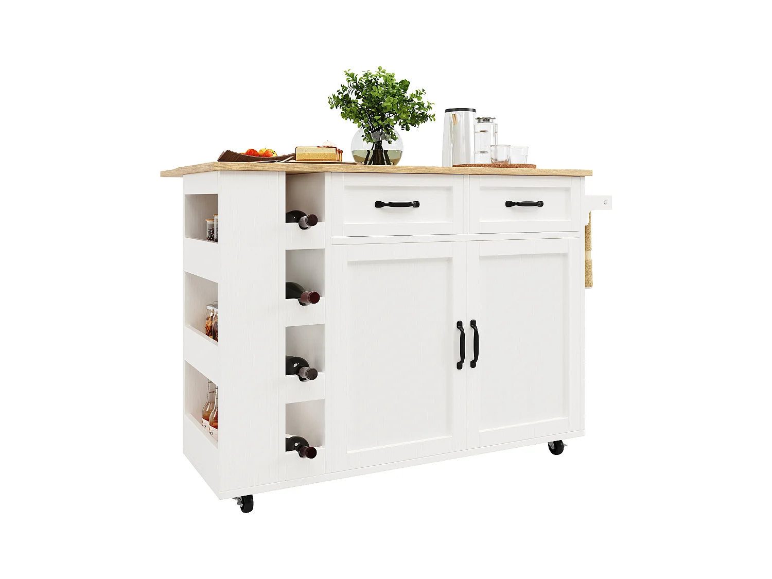 Keukeneiland met stopcontacten, rolwagen, opbergruimte met planken, hout- en metaaldesign, wit (131,5 x 43 x 90,7 cm)