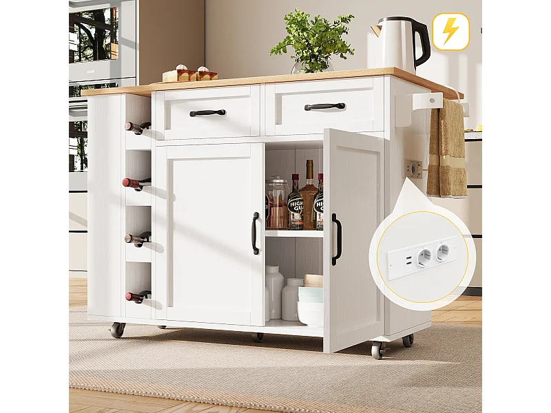 Îlot de cuisine avec prises électriques, chariot à roulettes, rangement avec étagères, design en bois et métal, blanc (131.5 x 43 x 90.7 cm)